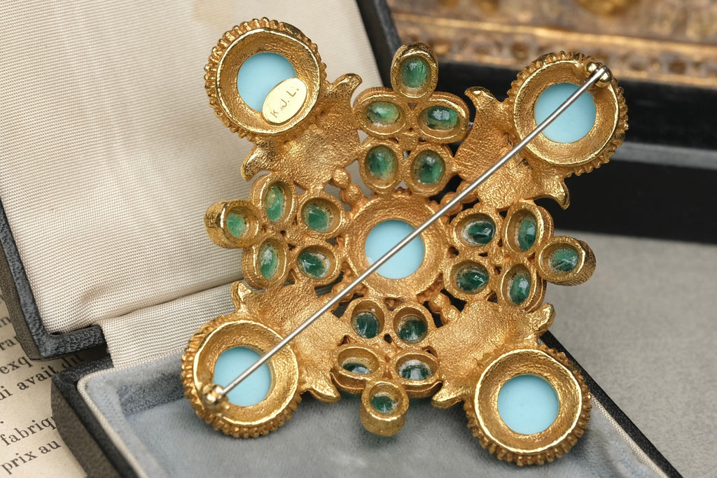 Rare 1960s Kenneth Jay Lane KJL Signed Maltese Cross Brooch – Faux Turquoise Glass and Emerald Green Cabochons with Rhinestones