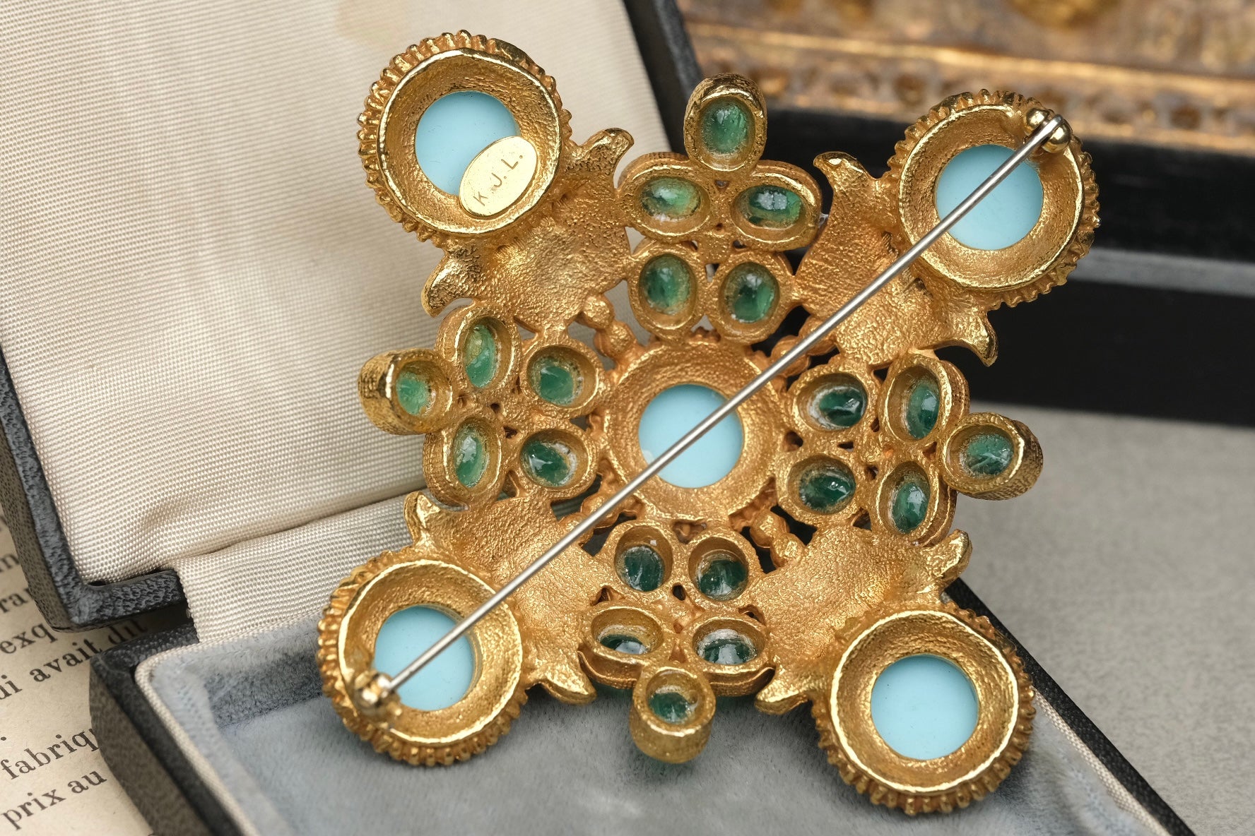 Rare 1960s Kenneth Jay Lane KJL Signed Maltese Cross Brooch – Faux Turquoise Glass and Emerald Green Cabochons with Rhinestones