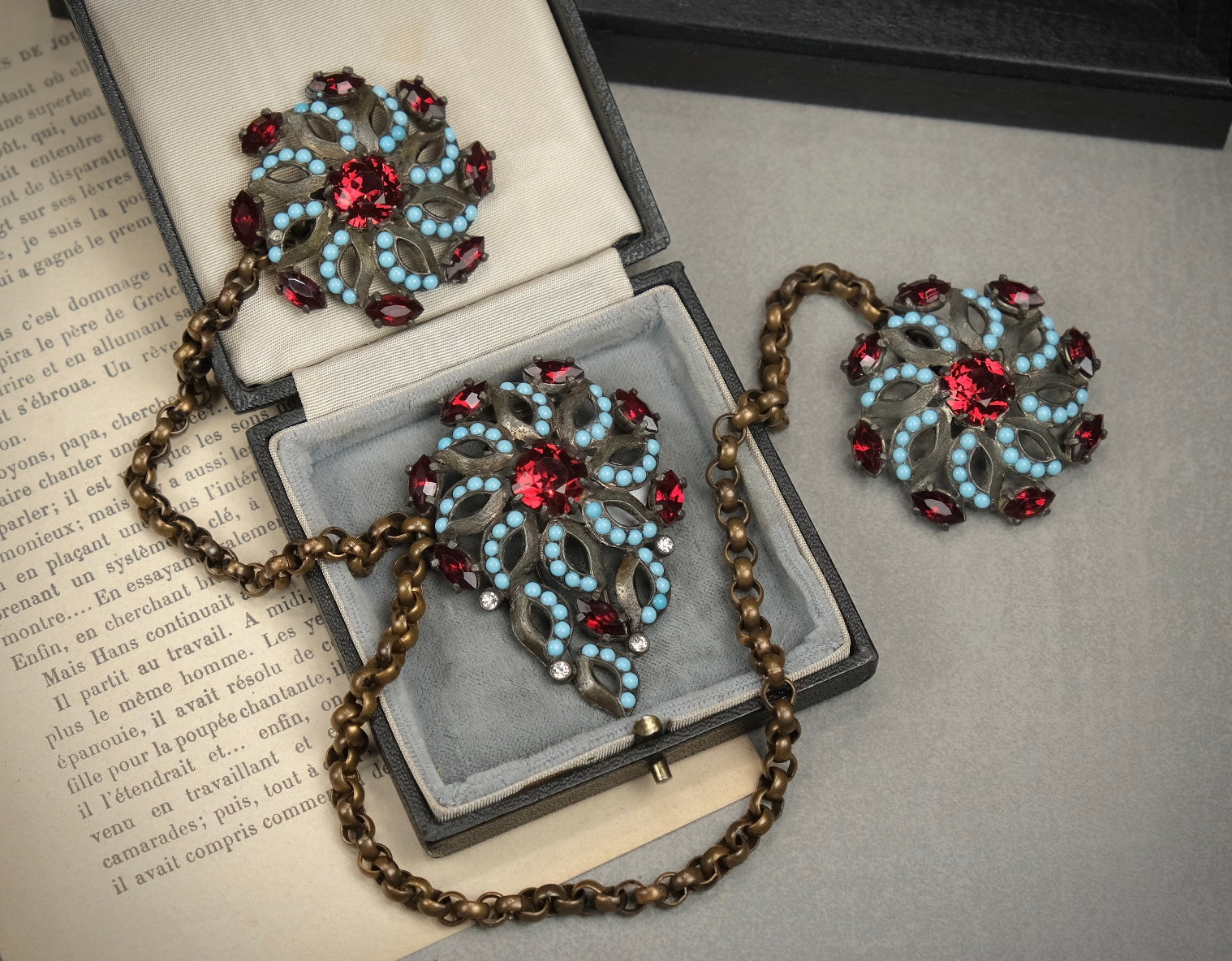 Rare 1930s Eisenberg Original Linked Dress Adornments – Book Piece, Fur Clip & Sew-On Ornaments