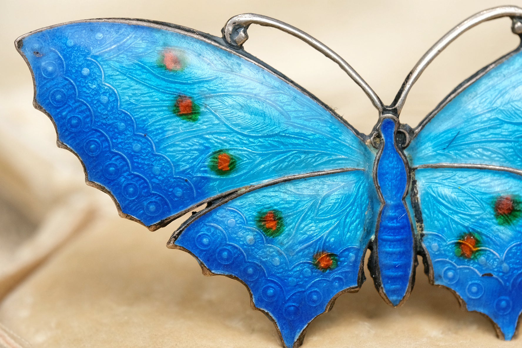 c. 1910 sterling silver enamel peacock-feather butterfly brooch left wing detail