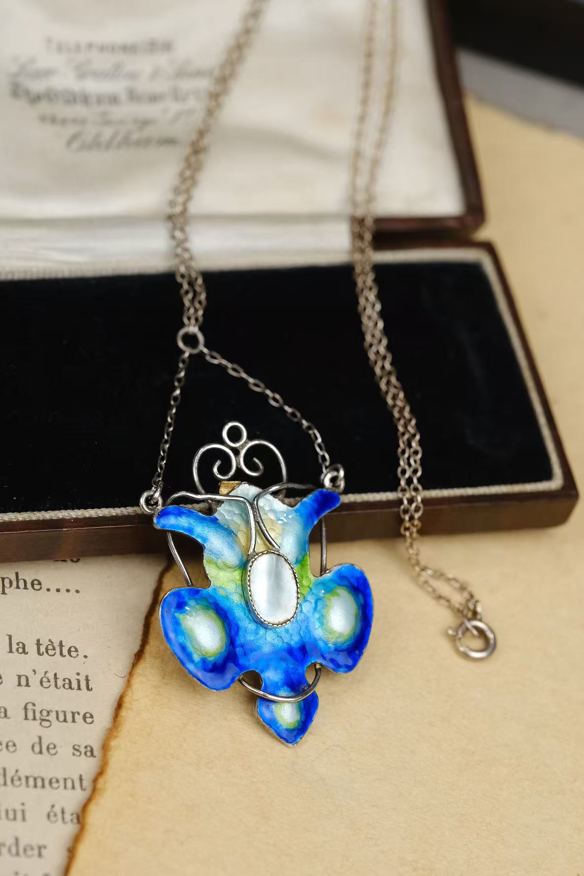 circa 1910s Arts and Crafts sterling silver enamel tulip pendant necklace chain and pendant