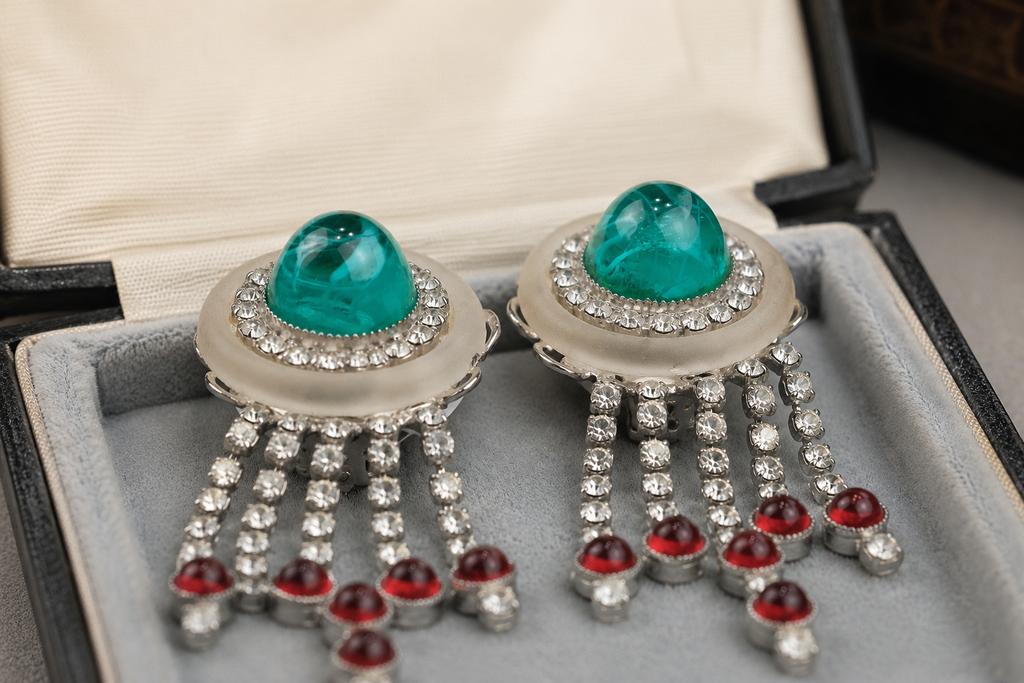 Vintage William DeLillo Art Deco Clip On Earrings with Green & Red Cabochons