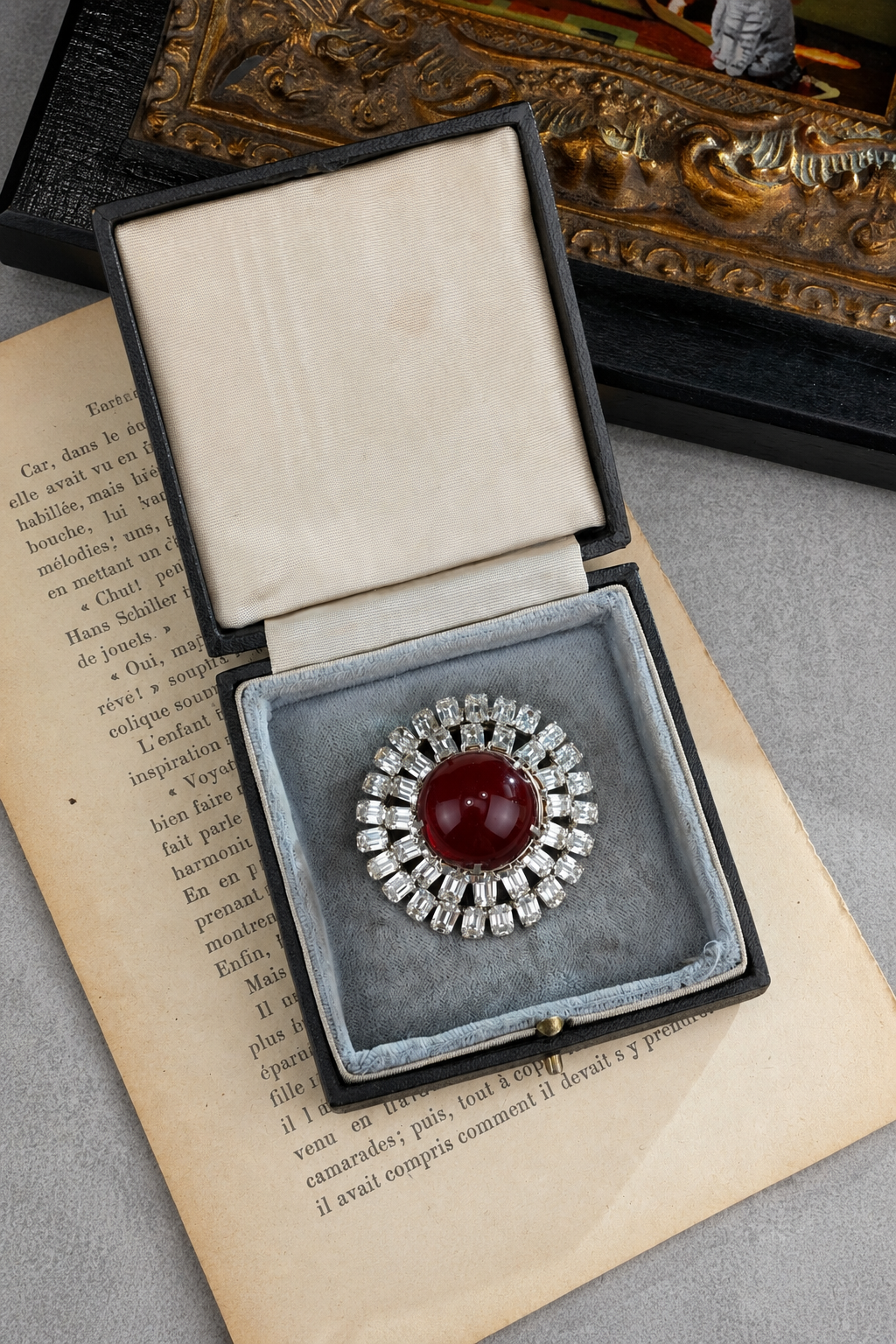 Vintage Roger Jean Pierre French DEPOSE Fur Clip | Large Ruby Red Glass Cabochon & Baguette Rhinestone Brooch | 1950s Couture Jewelry