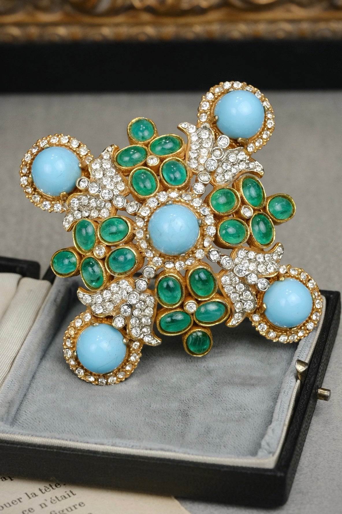 Rare 1960s Kenneth Jay Lane KJL Signed Maltese Cross Brooch – Faux Turquoise Glass and Emerald Green Cabochons with Rhinestones