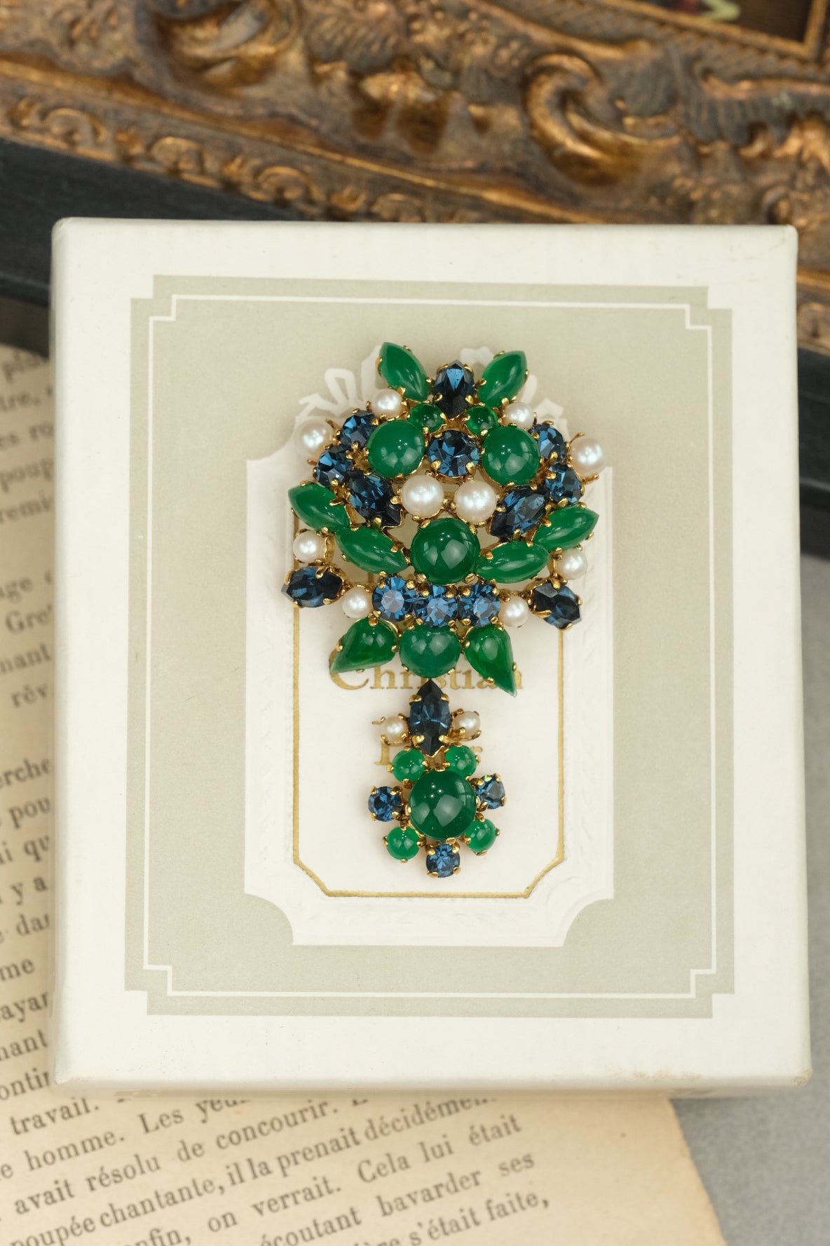 Vintage 1965 Christian Dior Germany Blue Crystal & Green Glass Brooch