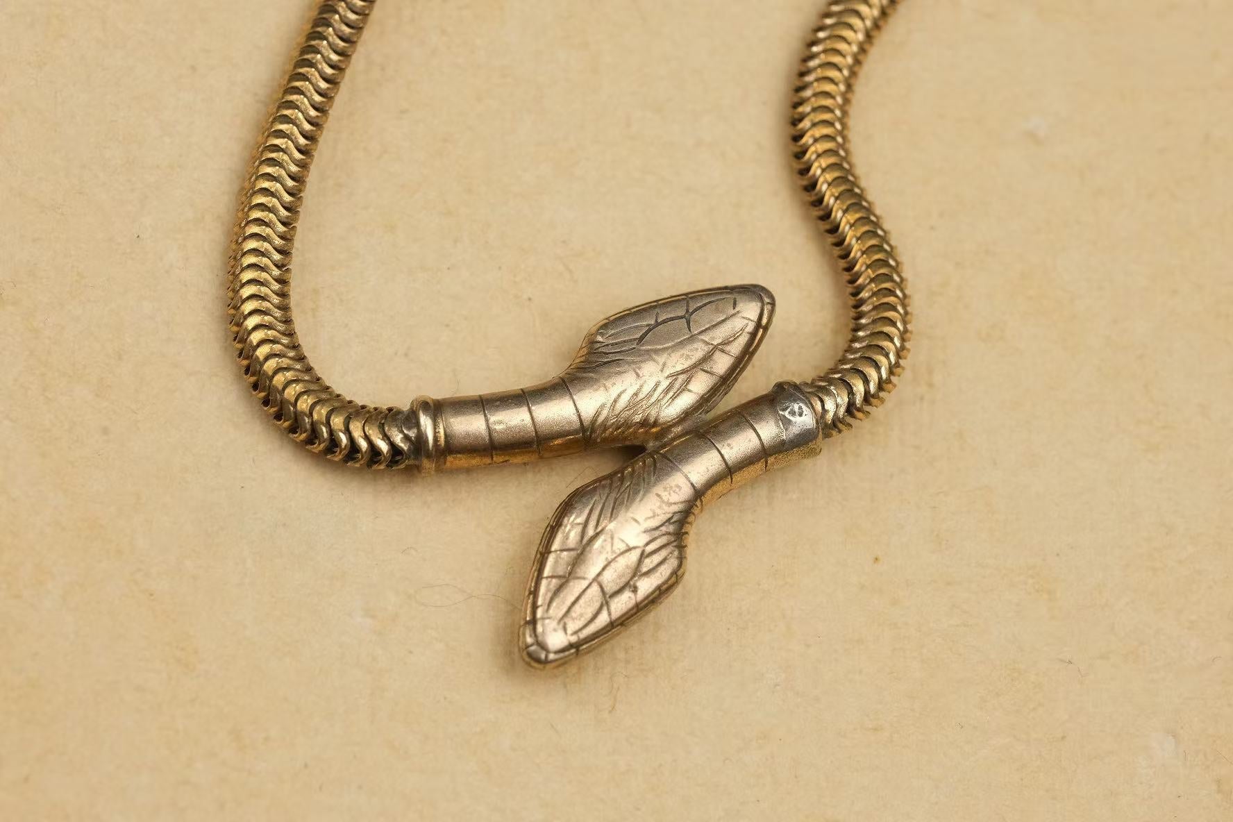 circa 1930s gold-plated double-headed snake necklace reverse detail
