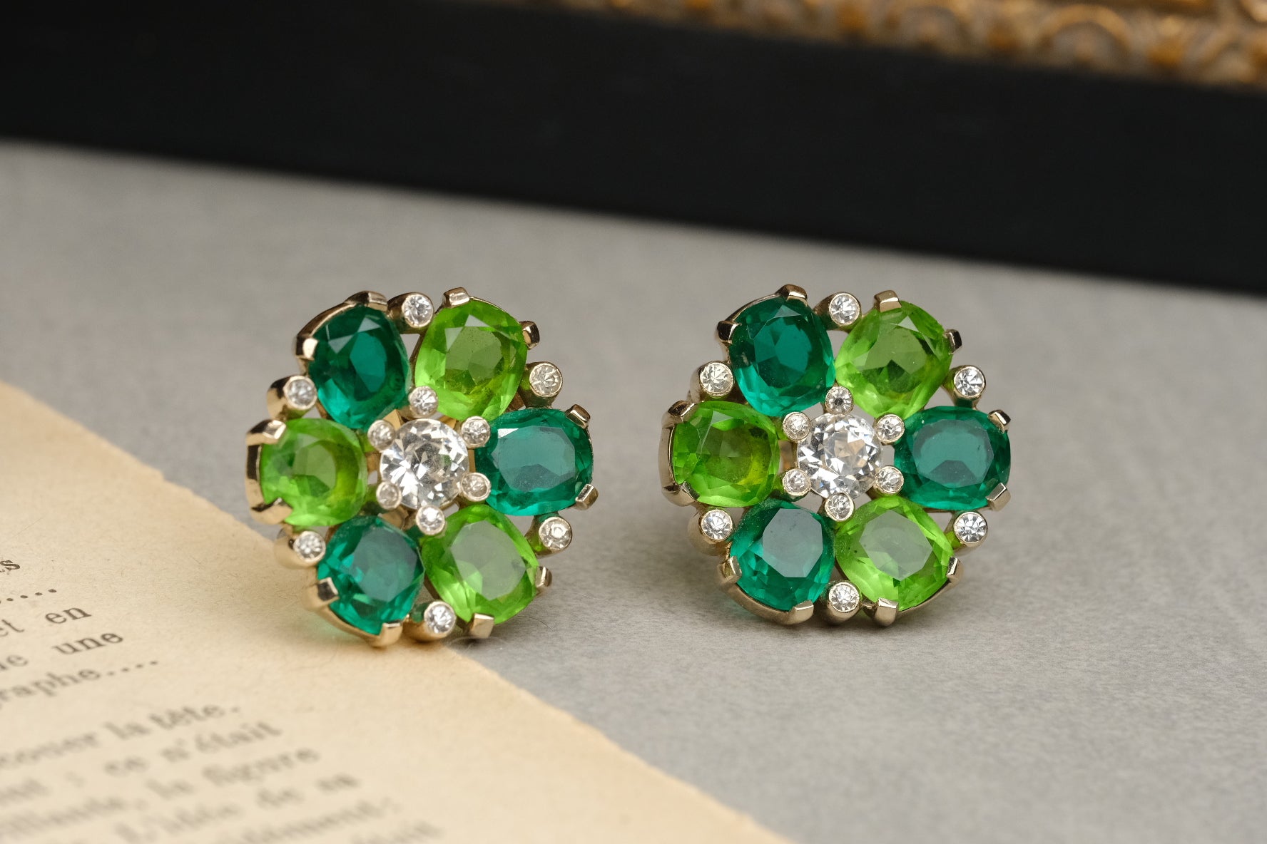 Vintage JOMAZ Green Crystal Floral Clip On Earrings