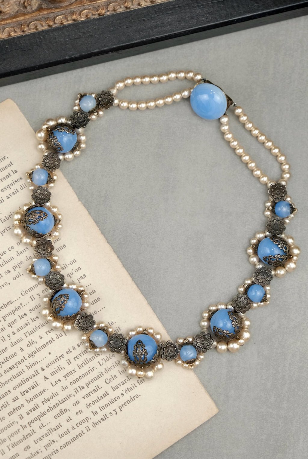 Rare Vintage Louis Rousselet Blue Glass Pearl Filigree Flower Necklace