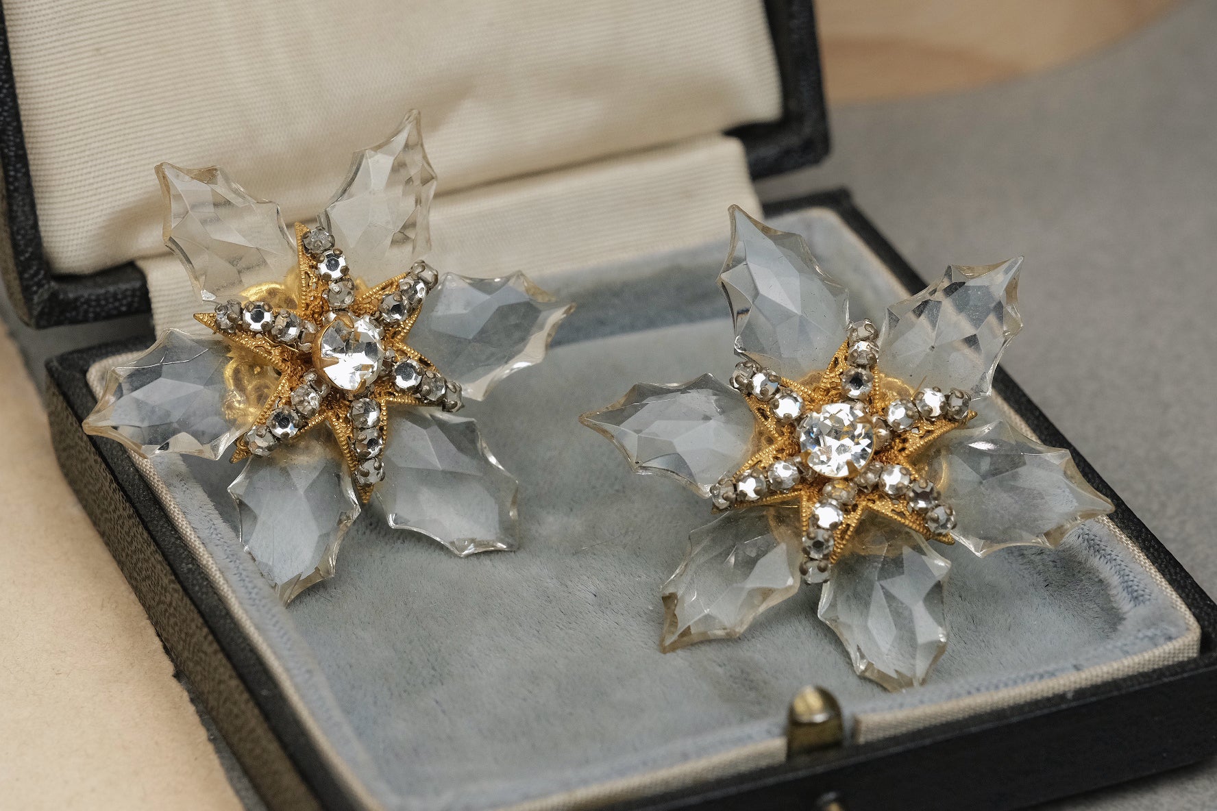 RARE Vintage 1940s Frank Hess for Miriam Haskell Signed Crystal Snowflake Long Necklace & Clip-On Earrings Set