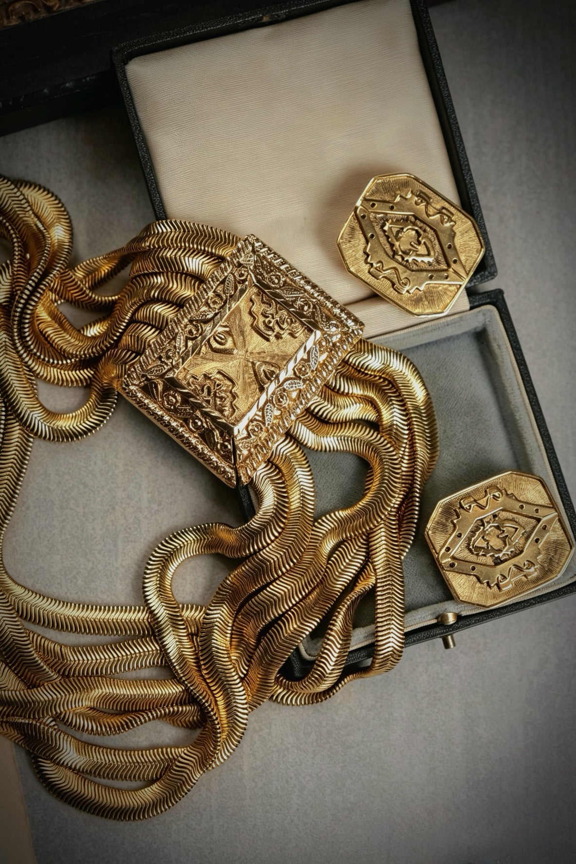 Vintage 1970s Les Bernard Signed Gold Tone Multi-Strand Snake Chain Necklace & Clip-On Earrings Set