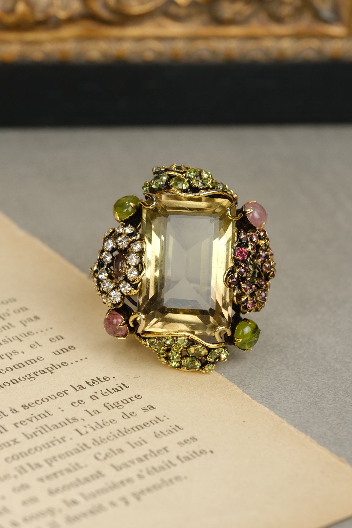 Vintage Iradj Moini Oversized Citrine Statement Ring with Peridot & Rose Quartz and Glass