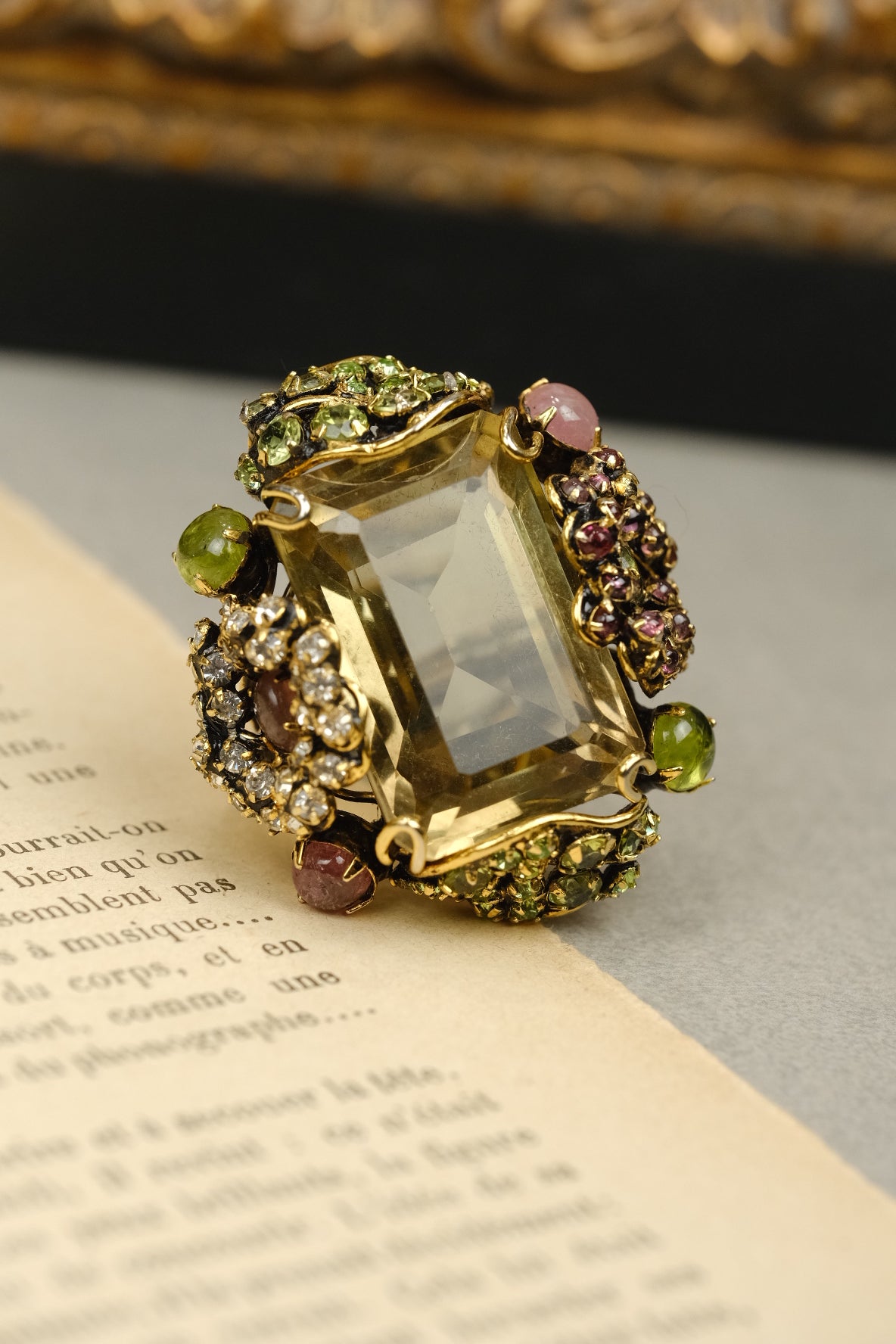 Vintage Iradj Moini Oversized Citrine Statement Ring with Peridot & Rose Quartz and Glass