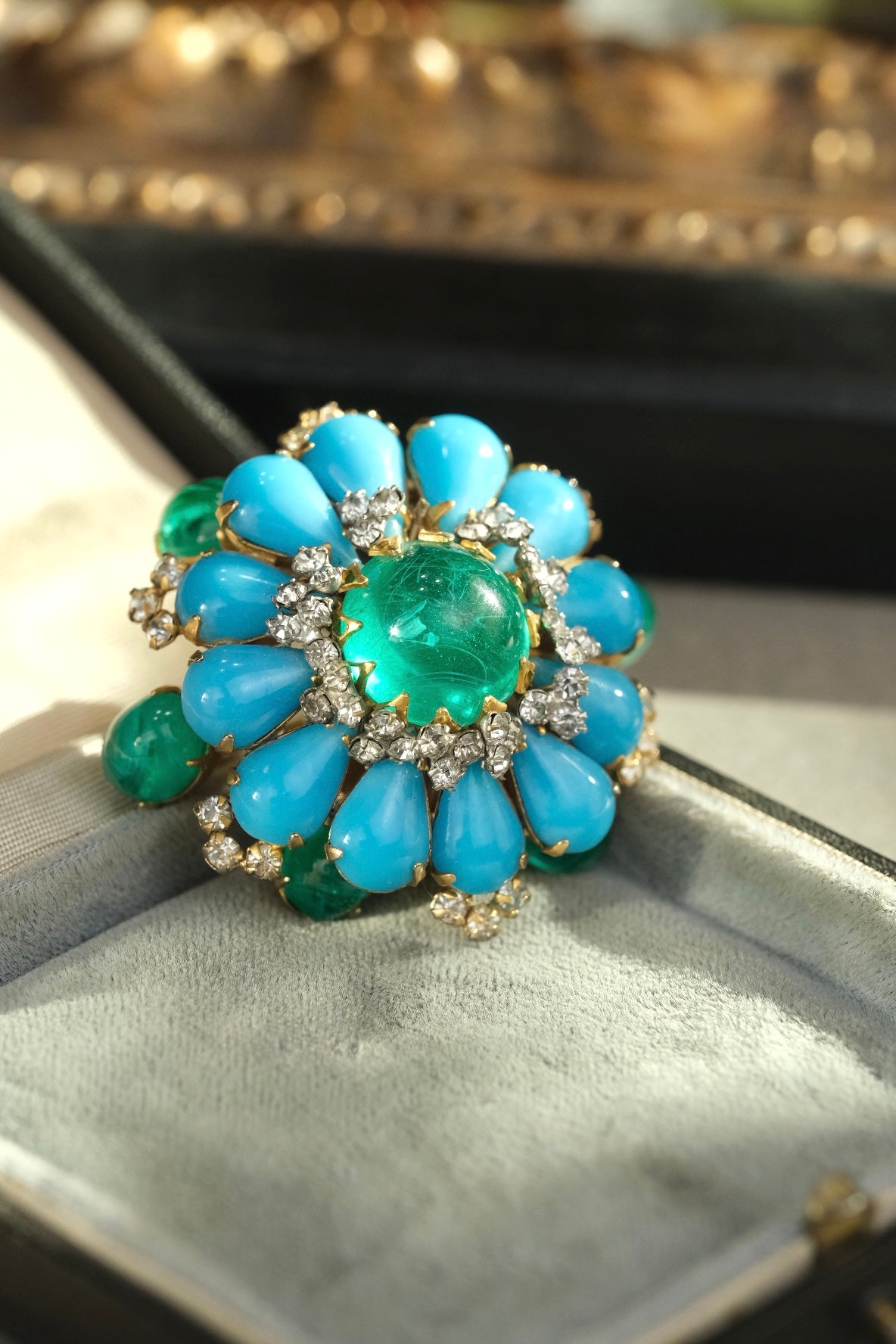 Vintage SCAASI Signed Emerald Green Flawed Cabochon Glass & Faux Turquoise Stones Floral Brooch