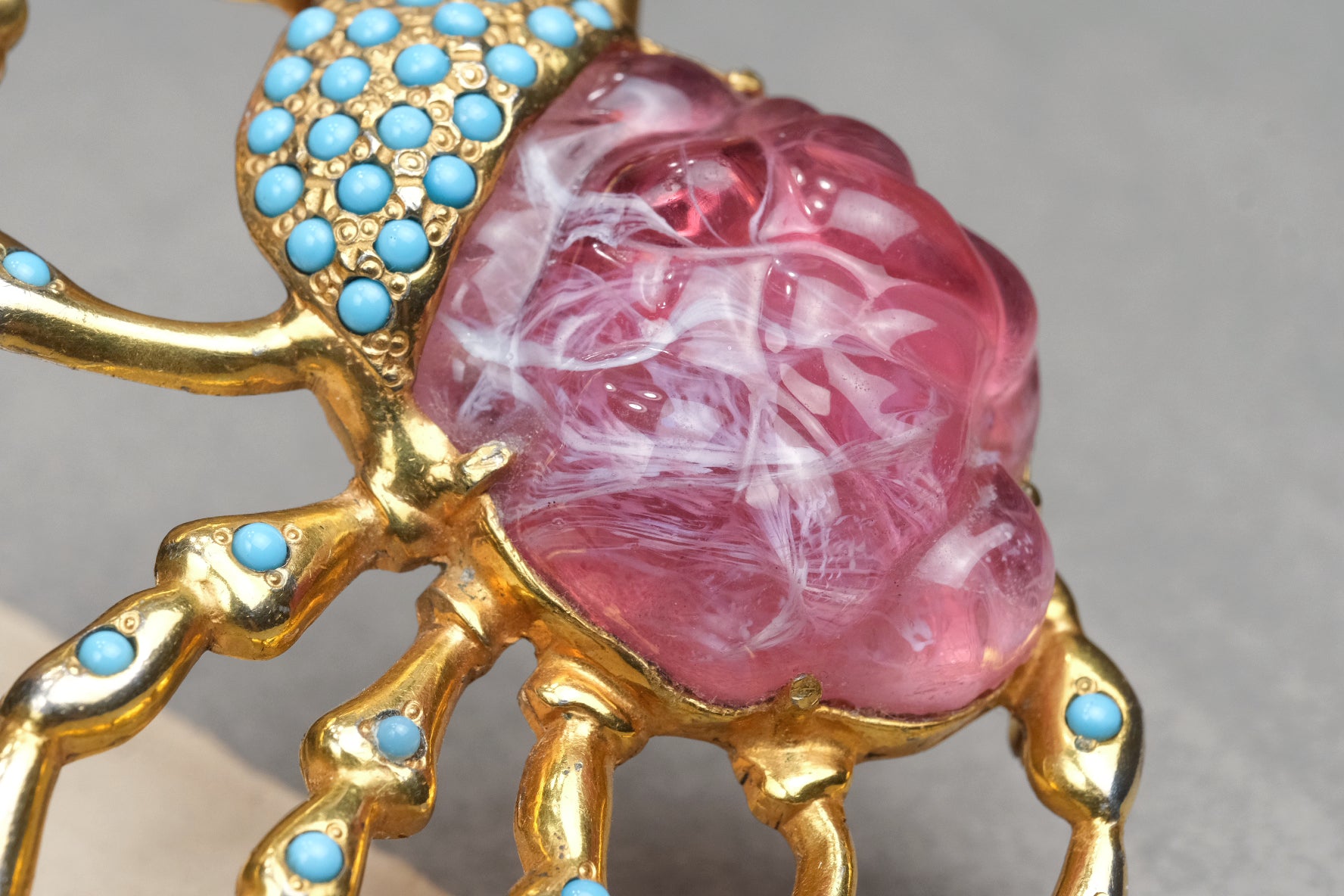Rare Early 1940s Hattie Carnegie HC Signed Pink Molded Glass Crab Brooch With Turquoise Cabochons And Enamel