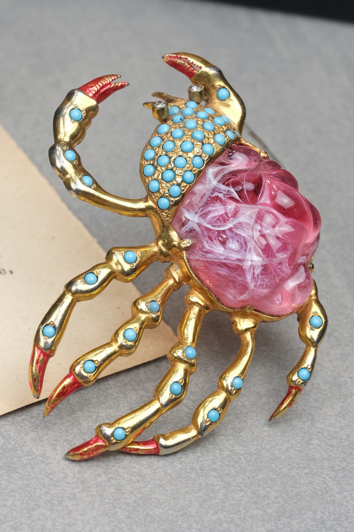Rare Early 1940s Hattie Carnegie HC Signed Pink Molded Glass Crab Brooch With Turquoise Cabochons And Enamel
