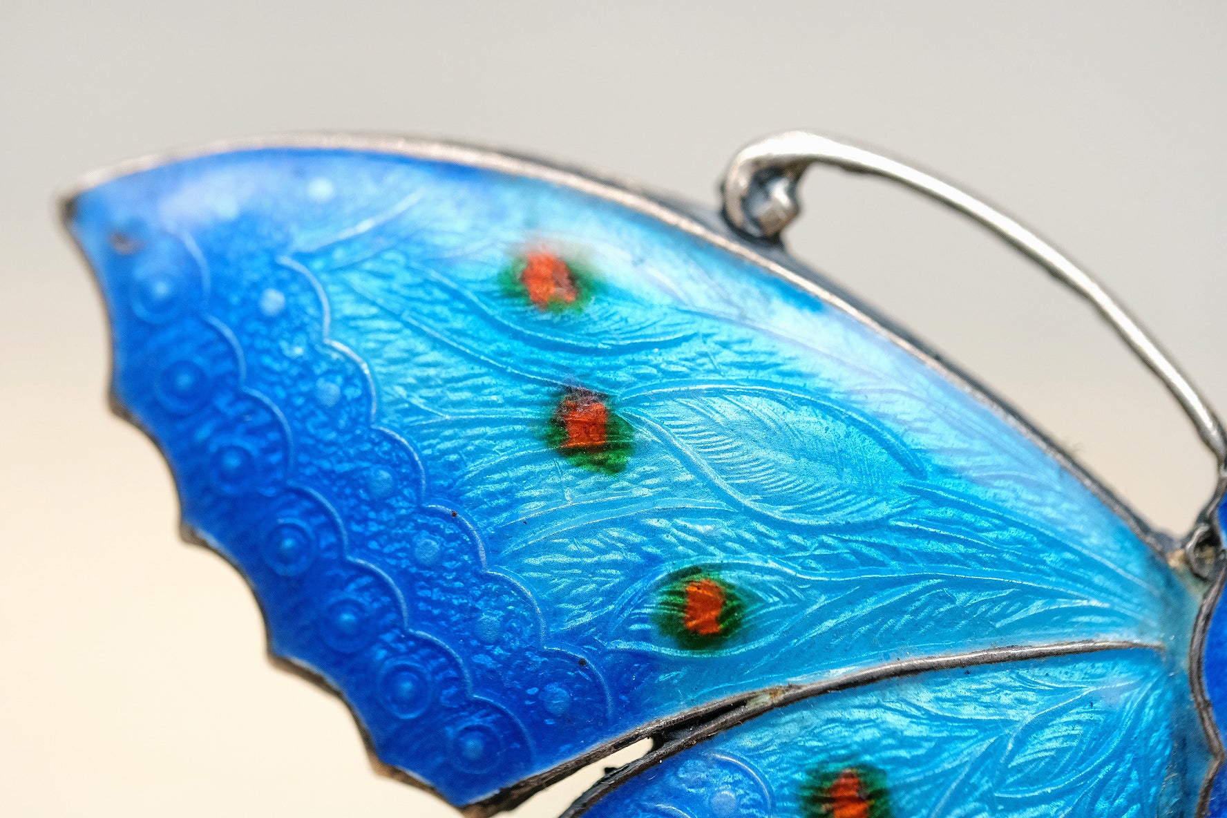 c. 1910 sterling silver enamel peacock-feather butterfly brooch right wing close-up