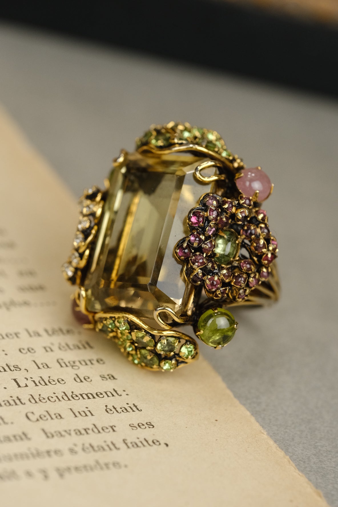 Vintage Iradj Moini Oversized Citrine Statement Ring with Peridot & Rose Quartz and Glass