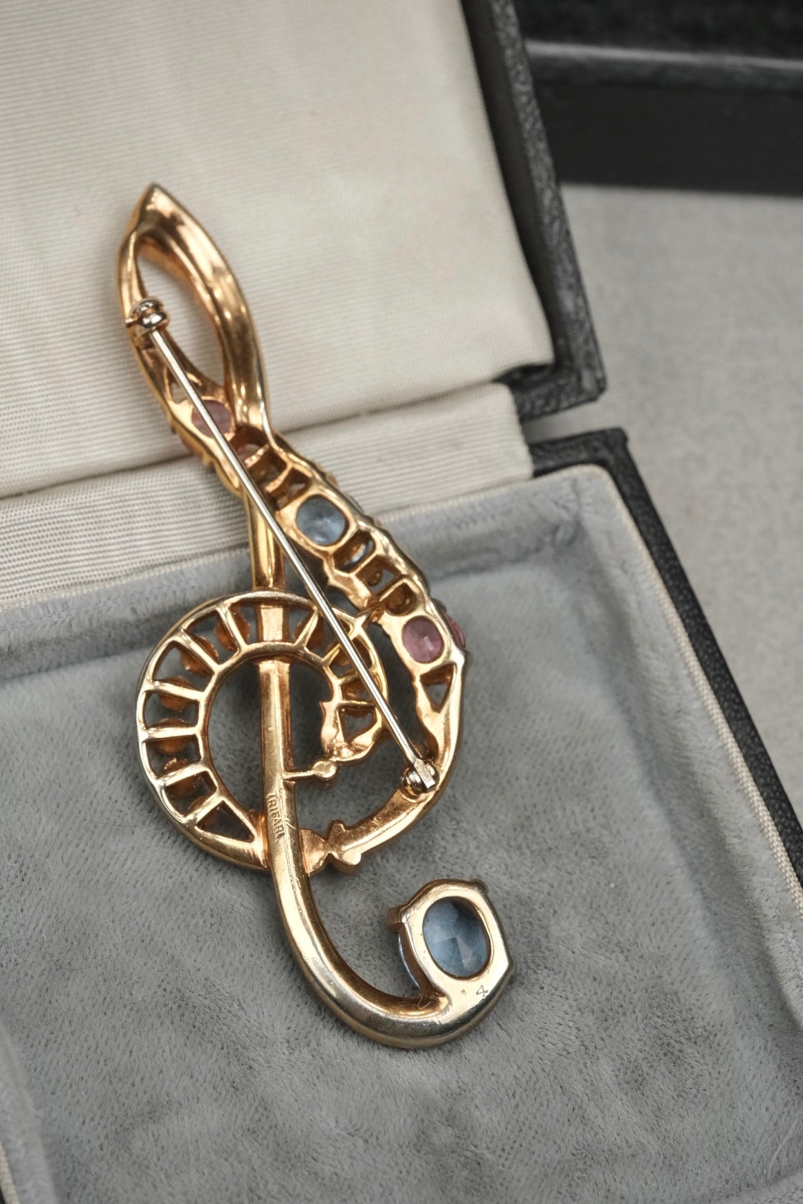 Vintage Trifari Signed Treble Clef Brooch Pink & Blue Rhinestones Musical Note Pin