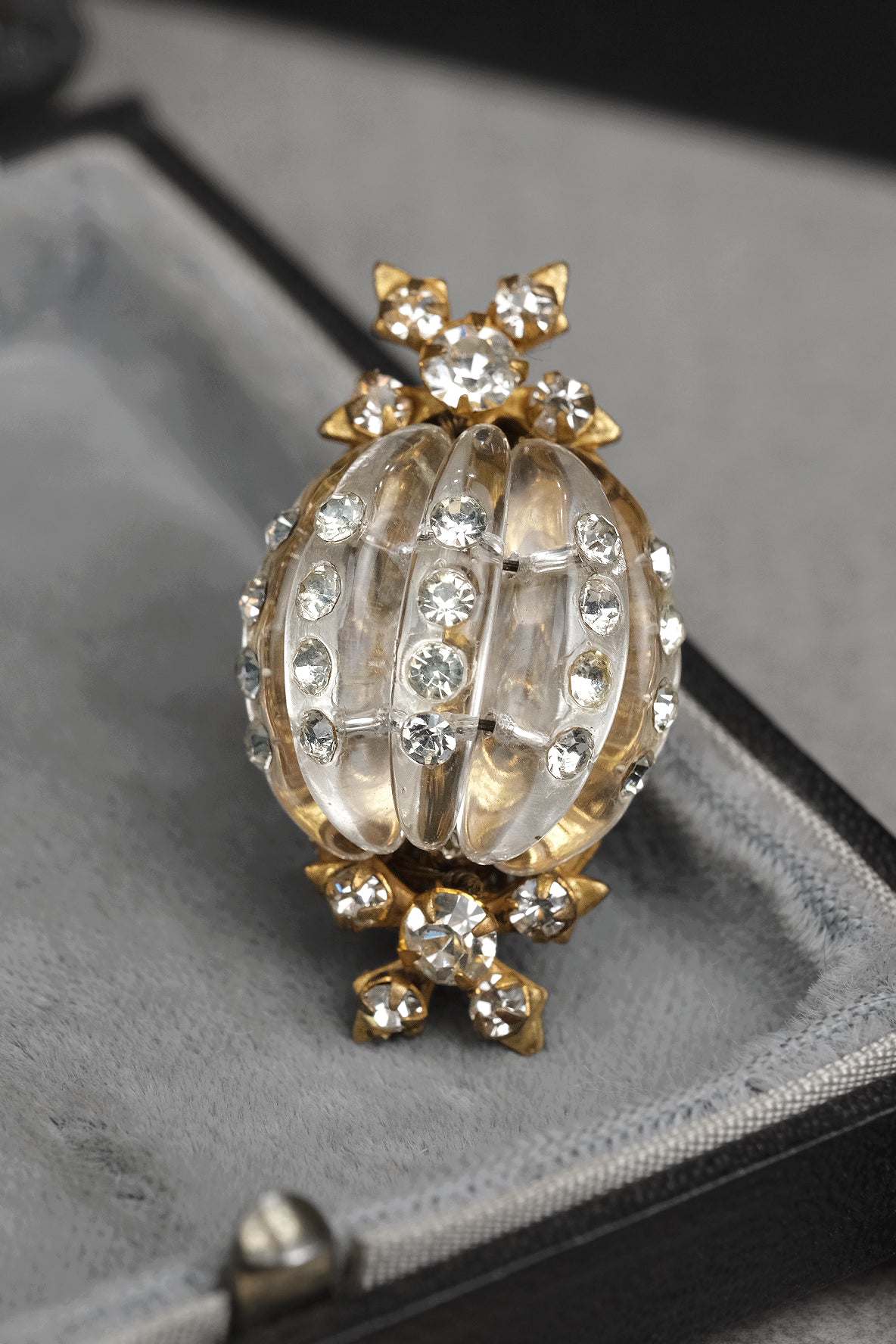 RARE Vintage 1940s Frank Hess for Miriam Haskell Signed Clear Glass Melon Bead Rhinestone Clip Earrings