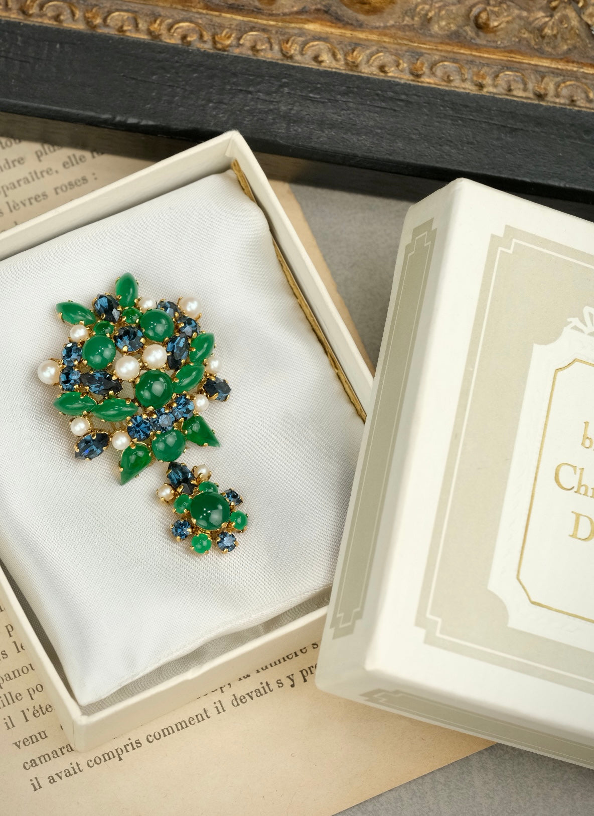 Vintage 1965 Christian Dior Germany Blue Crystal & Green Glass Brooch