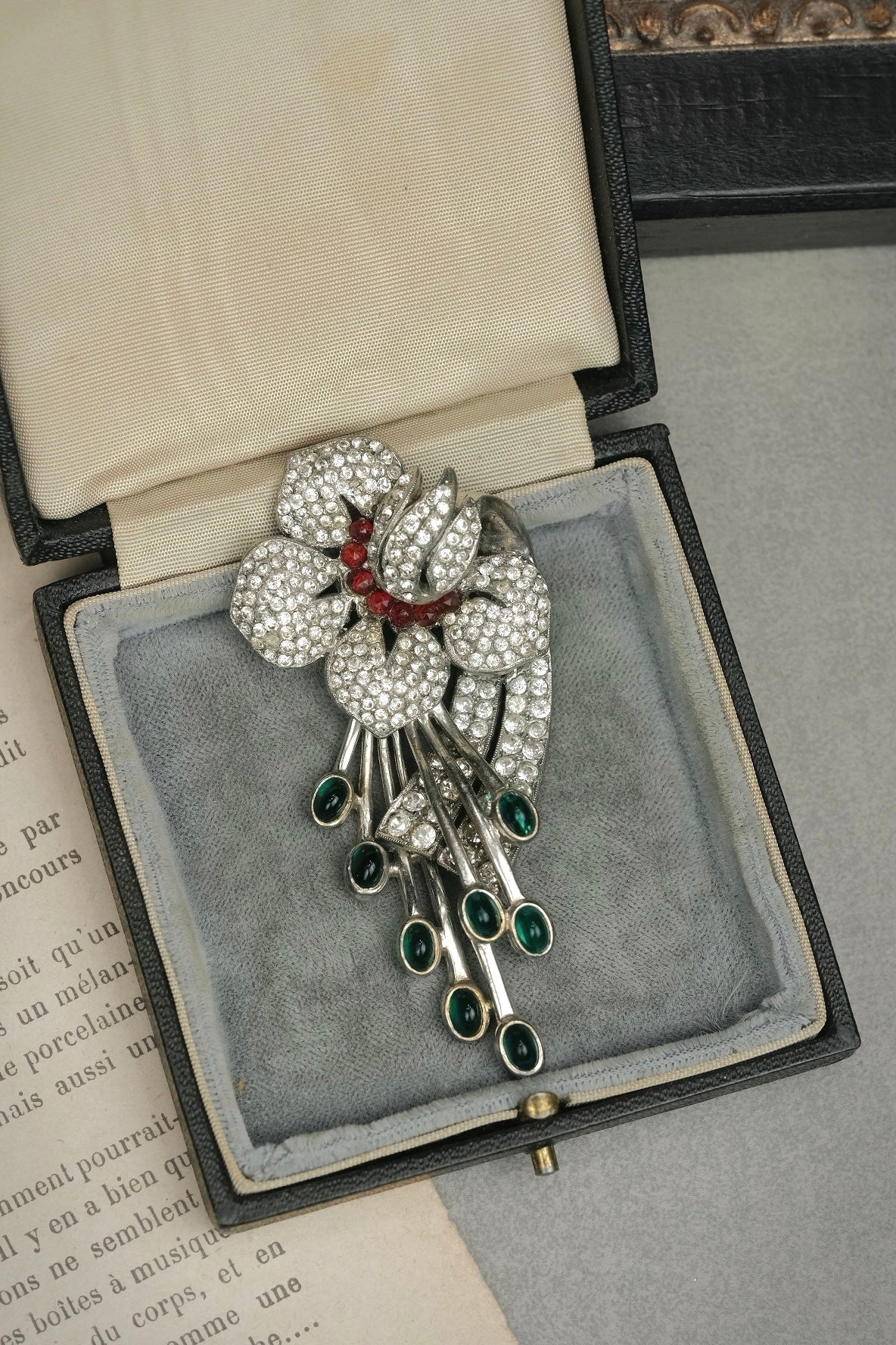 Rare Vintage 1930s Ciner Signed Floral Brooch with Rhinestones, Ruby Red Stones and Green Glass Cabochons