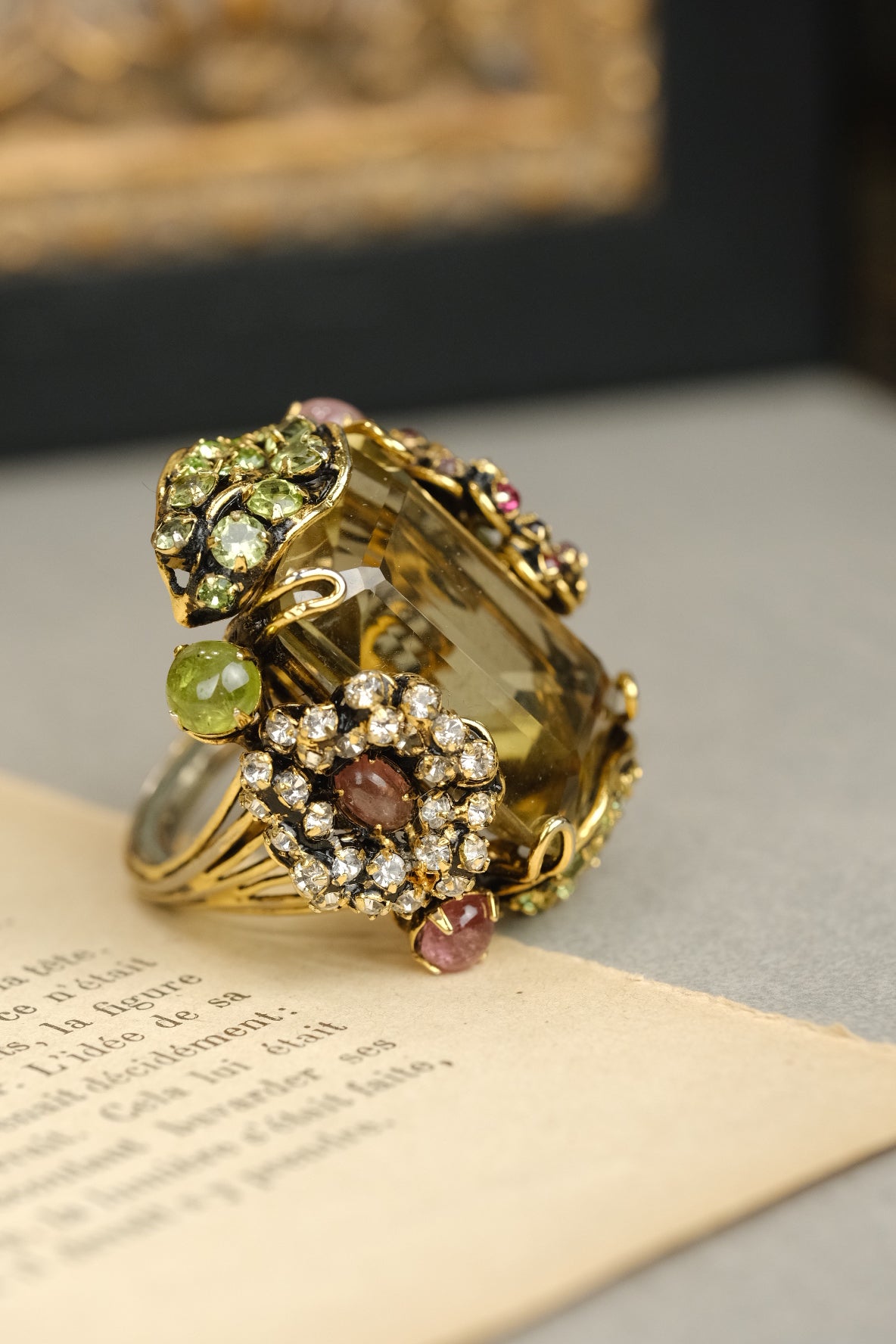 Vintage Iradj Moini Oversized Citrine Statement Ring with Peridot & Rose Quartz and Glass