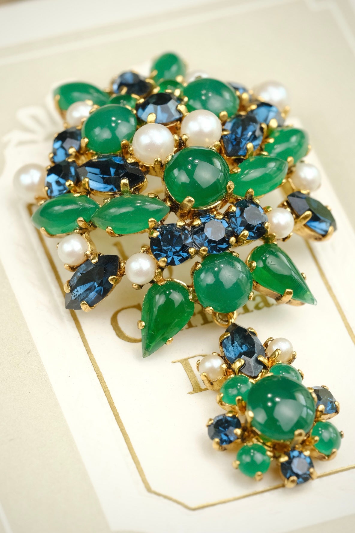 Vintage 1965 Christian Dior Germany Blue Crystal & Green Glass Brooch