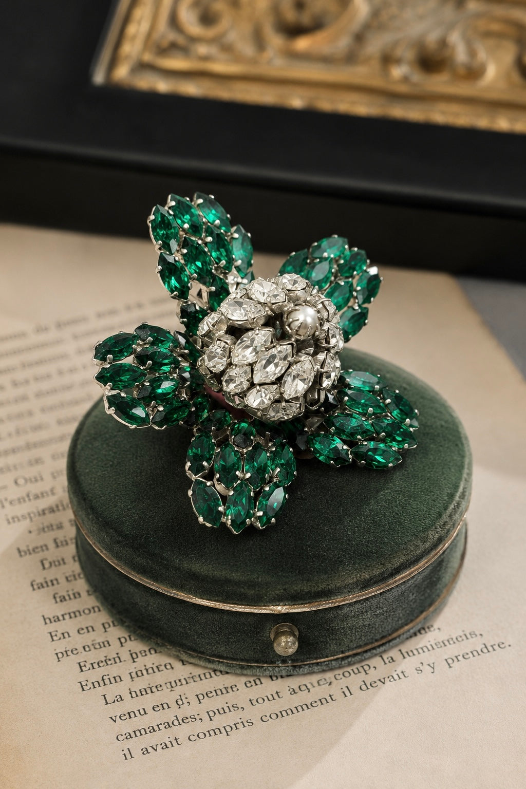 Vintage Roger Jean Pierre Emerald Green Rhinestone Flower Brooch | France | c.1950s–1960s
