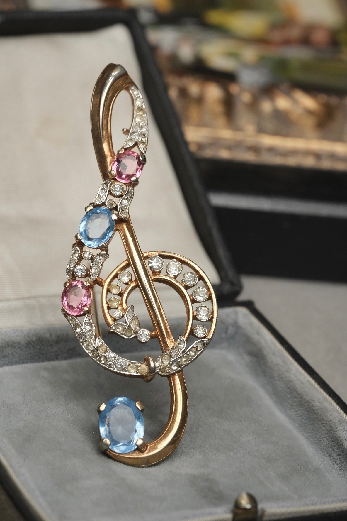 Vintage Trifari Signed Treble Clef Brooch Pink & Blue Rhinestones Musical Note Pin