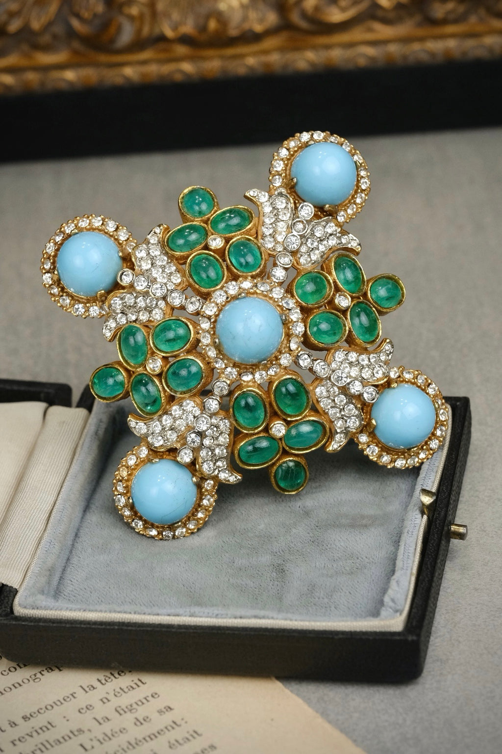 Rare 1960s Kenneth Jay Lane KJL Signed Maltese Cross Brooch – Faux Turquoise Glass and Emerald Green Cabochons with Rhinestones