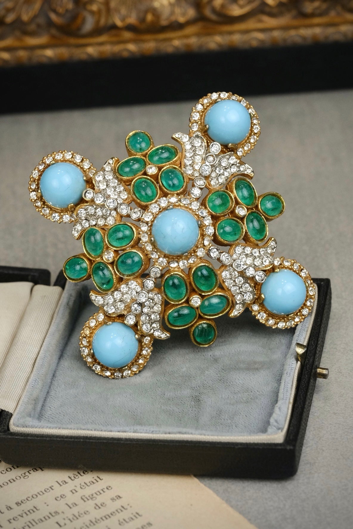 Rare 1960s Kenneth Jay Lane KJL Signed Maltese Cross Brooch – Faux Turquoise Glass and Emerald Green Cabochons with Rhinestones