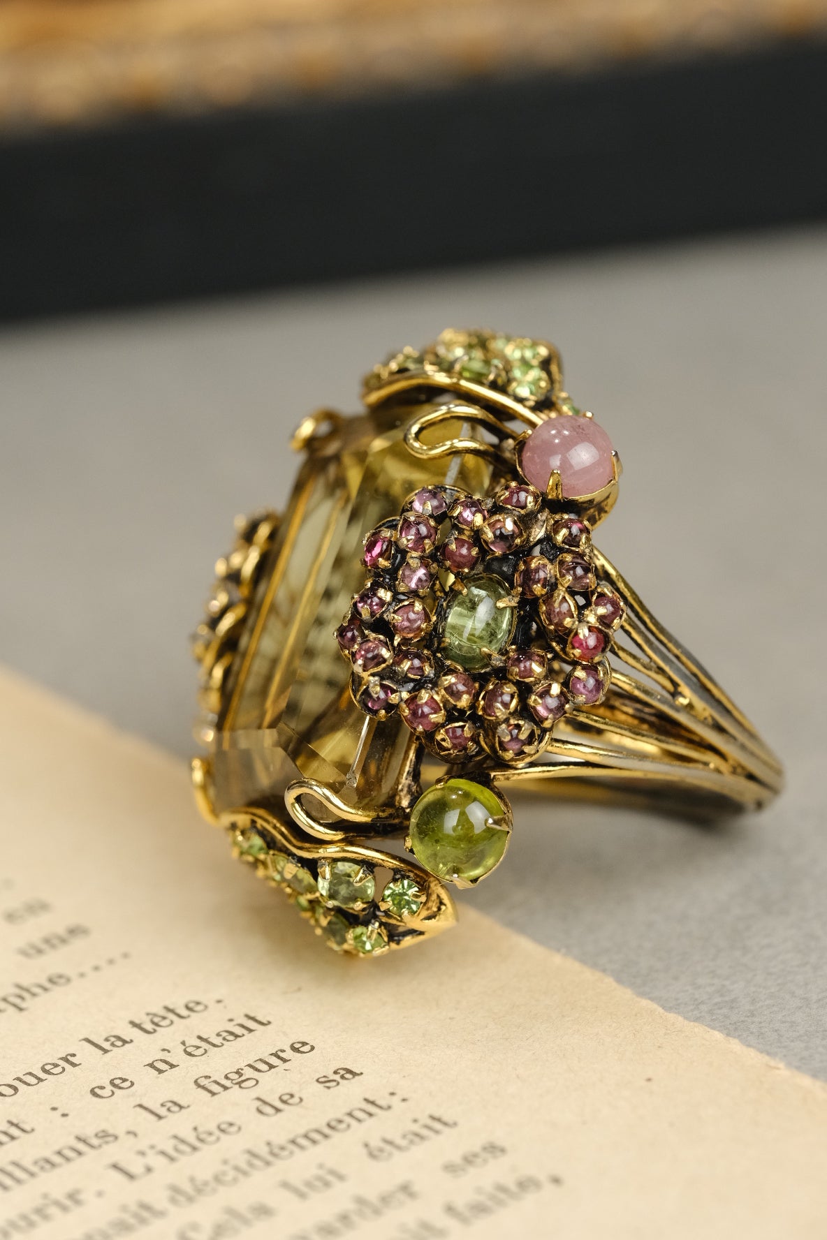 Vintage Iradj Moini Oversized Citrine Statement Ring with Peridot & Rose Quartz and Glass
