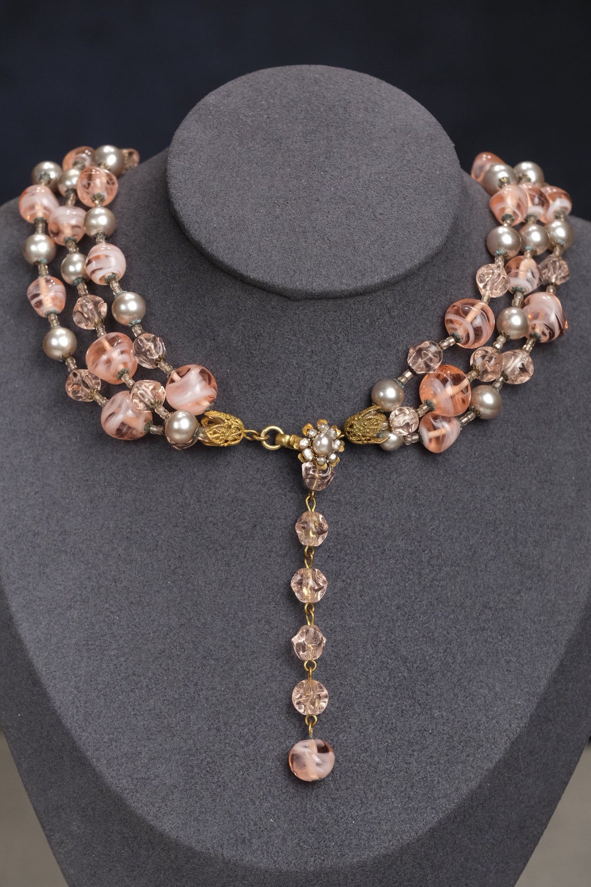Vintage Miriam Haskell Signed Pink Art Glass & Glass Pearl Triple Strand Necklace