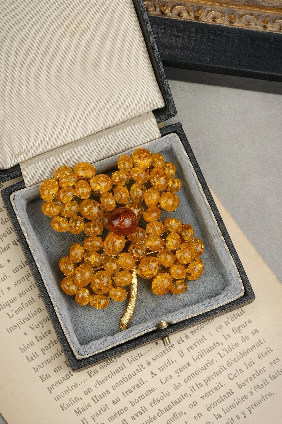 Vintage 1966 Christian Dior Crackled Glass Clover Brooch