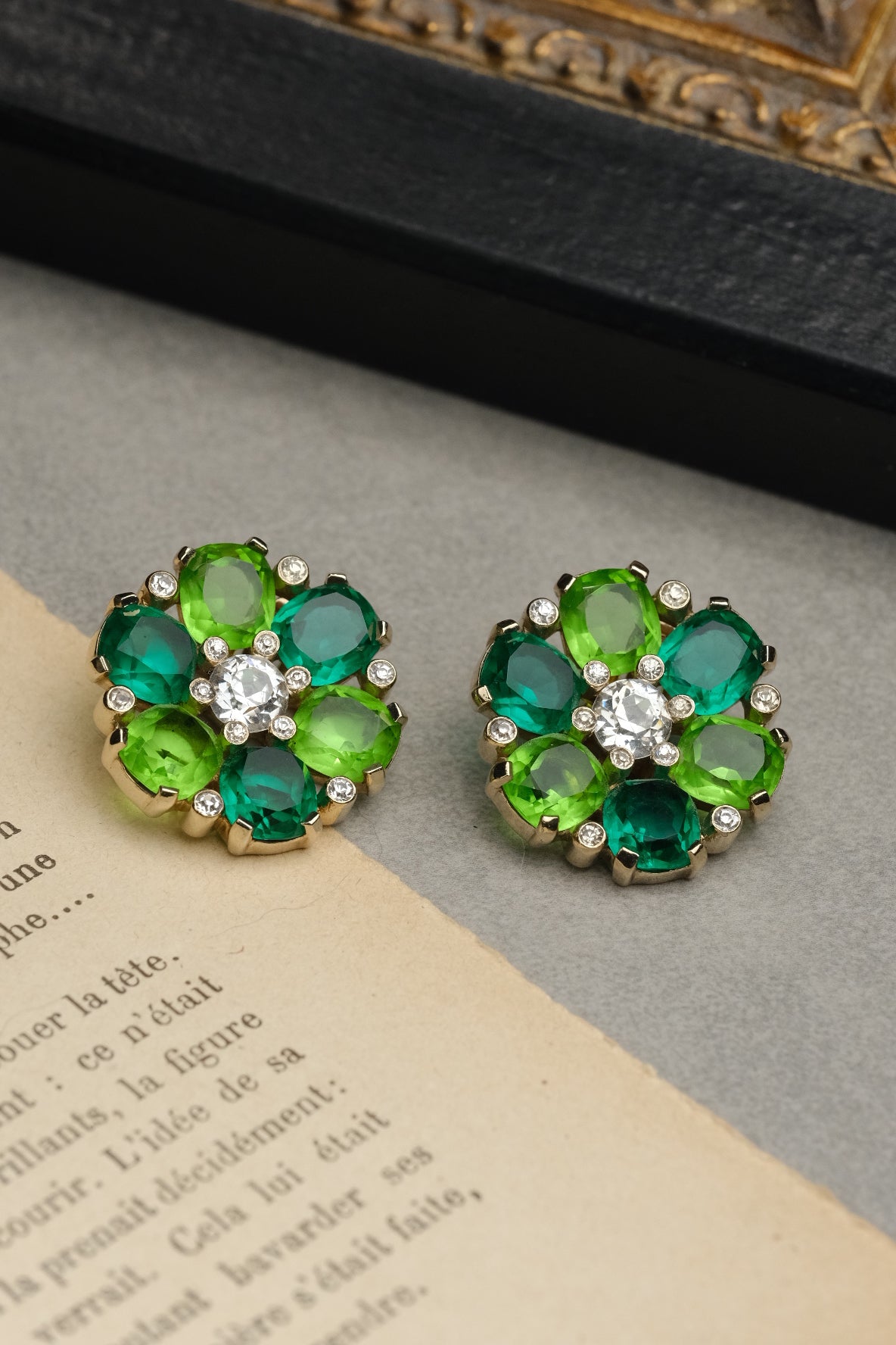 Vintage JOMAZ Green Crystal Floral Clip On Earrings