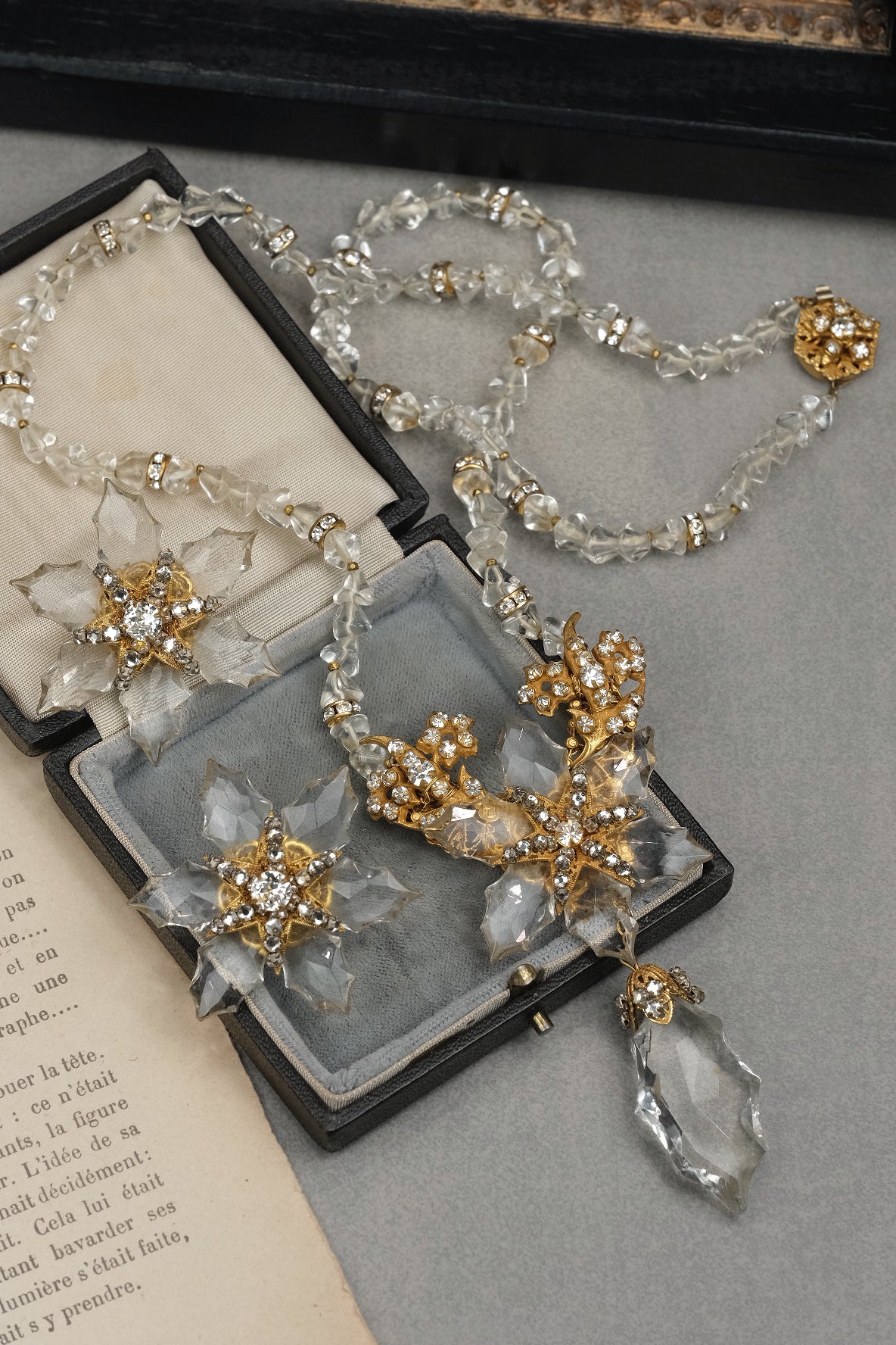 RARE Vintage 1940s Frank Hess for Miriam Haskell Signed Crystal Snowflake Long Necklace & Clip-On Earrings Set