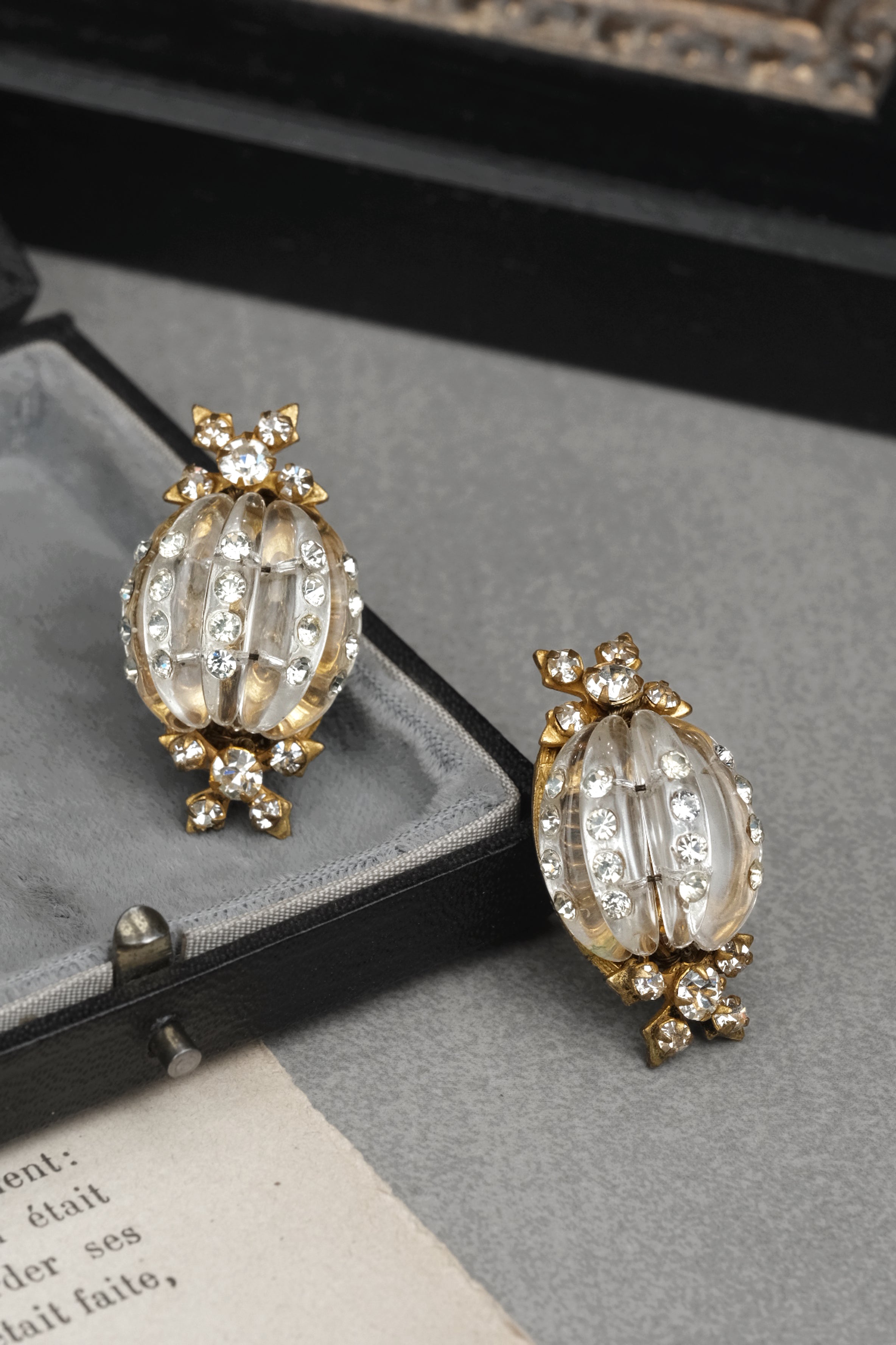RARE Vintage 1940s Frank Hess for Miriam Haskell Signed Clear Glass Melon Bead Rhinestone Clip Earrings