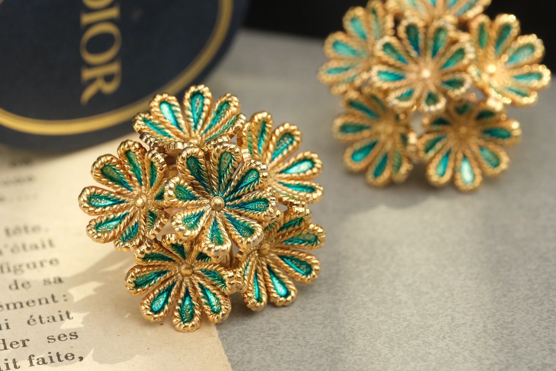 Vintage 1967 Christian Dior Germany Enamel Floral Cluster Clip On Earrings