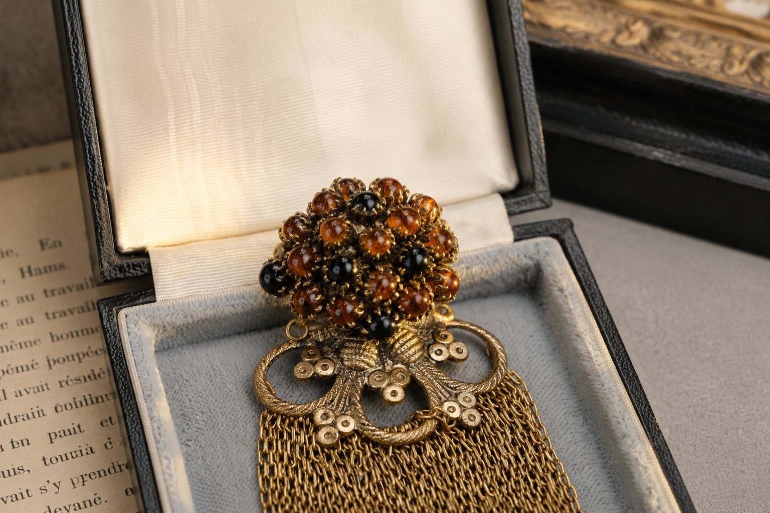 Vintage Unsigned French Tassel Brooch with Black Amber Glass Beads