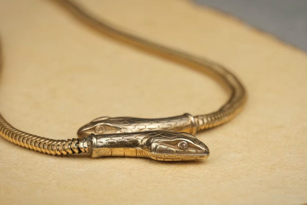 circa 1930s gold-plated double-headed snake necklace side detail
