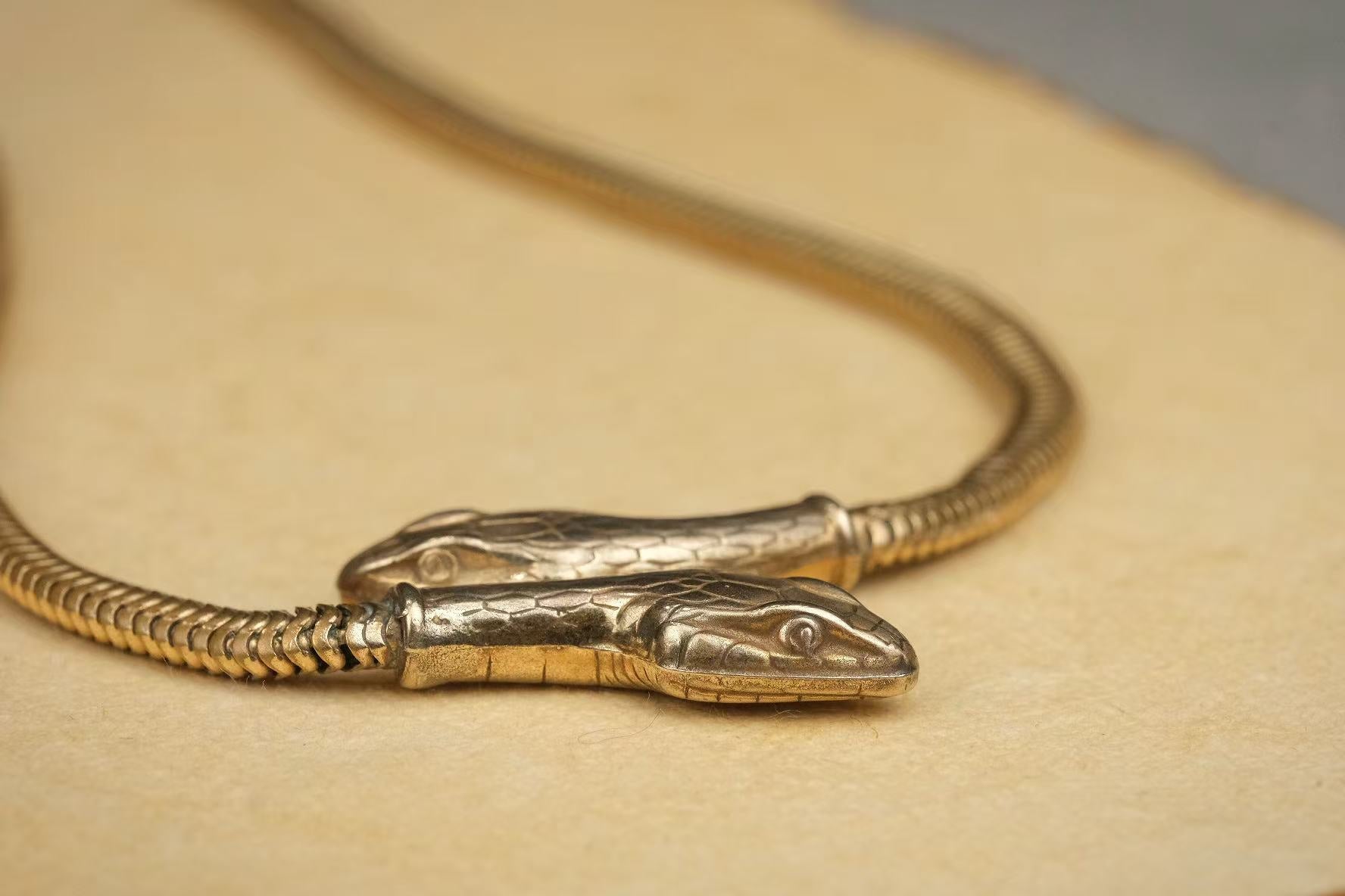 circa 1930s gold-plated double-headed snake necklace side detail