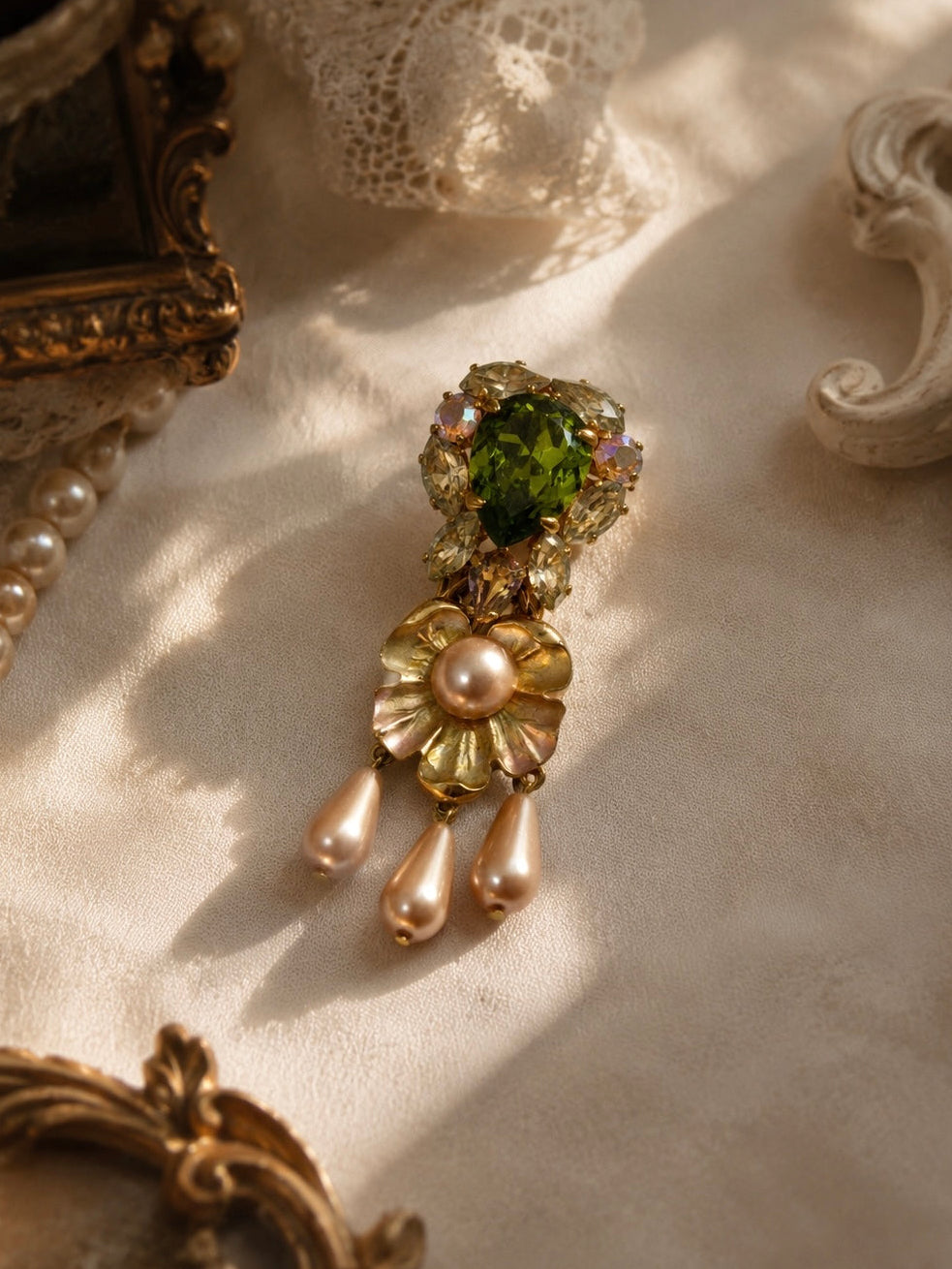 Vintage Depose Signed Art Nouveau Style Enamel Fur Clip Brooch | Olive Green Crystal & Pink Pearl