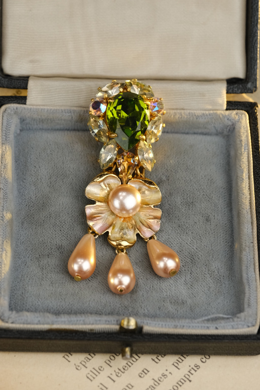Vintage Depose Signed Art Nouveau Style Enamel Fur Clip Brooch | Olive Green Crystal & Pink Pearl