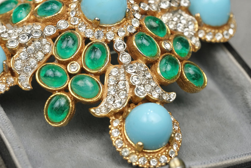 Rare 1960s Kenneth Jay Lane KJL Signed Maltese Cross Brooch – Faux Turquoise Glass and Emerald Green Cabochons with Rhinestones