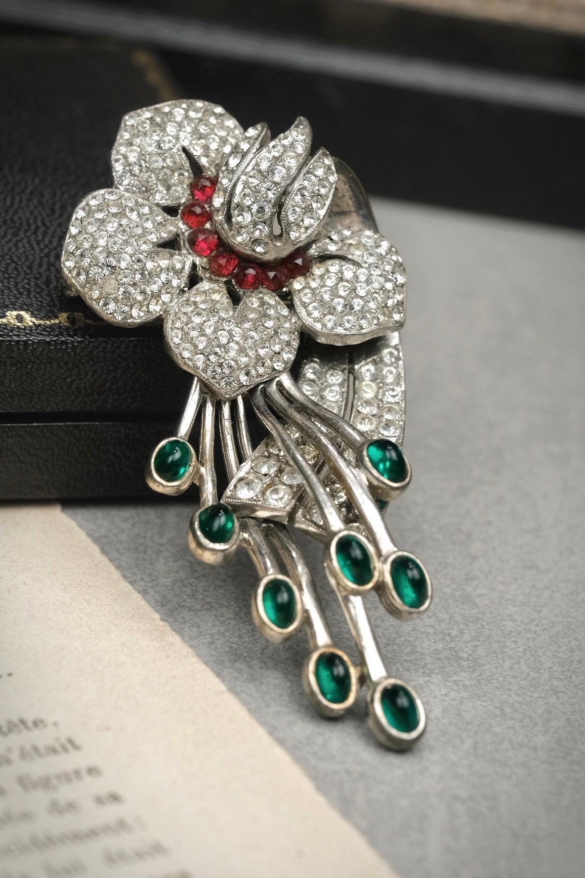 Rare Vintage 1930s Ciner Signed Floral Brooch with Rhinestones, Ruby Red Stones and Green Glass Cabochons