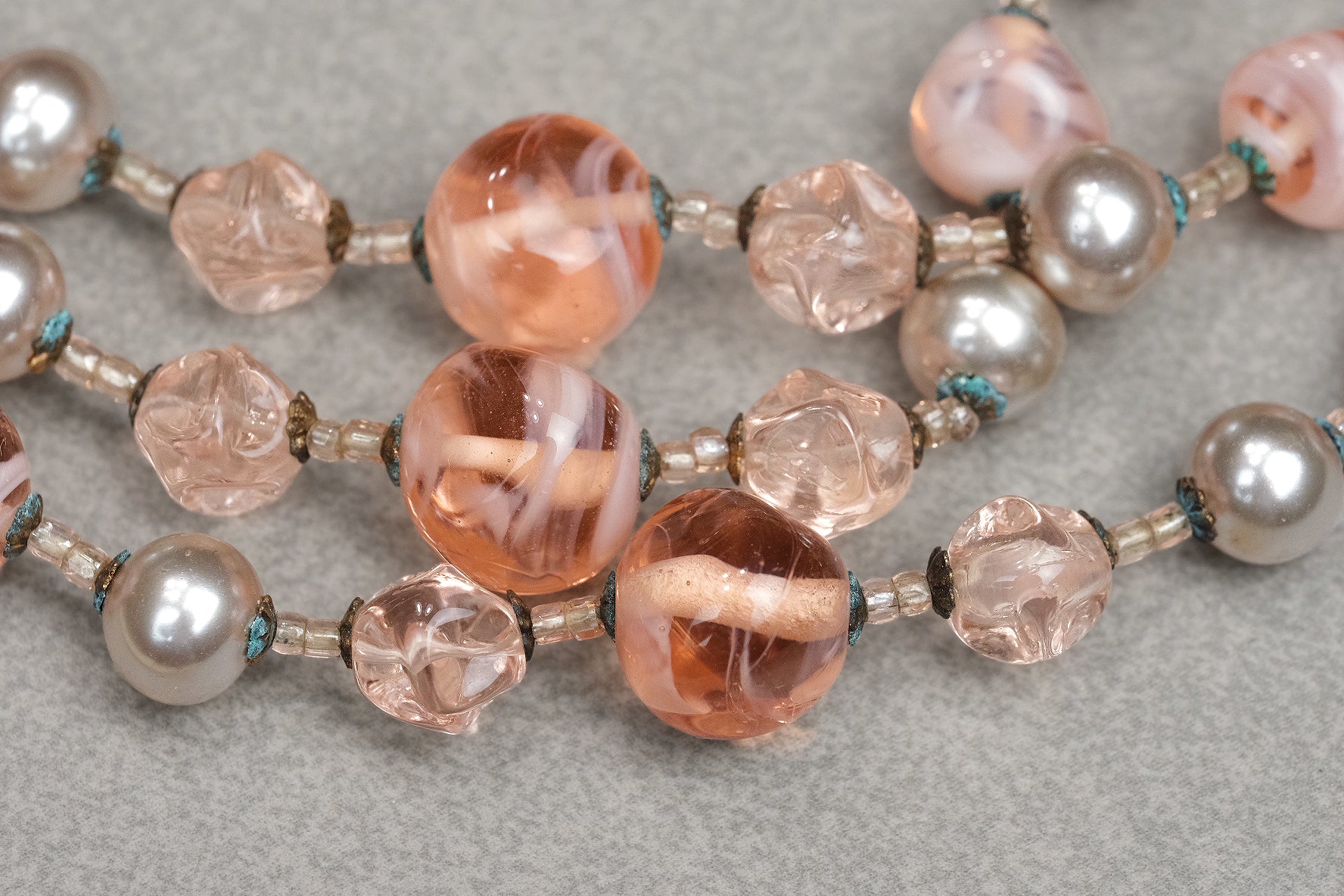 Vintage Miriam Haskell Signed Pink Art Glass & Glass Pearl Triple Strand Necklace