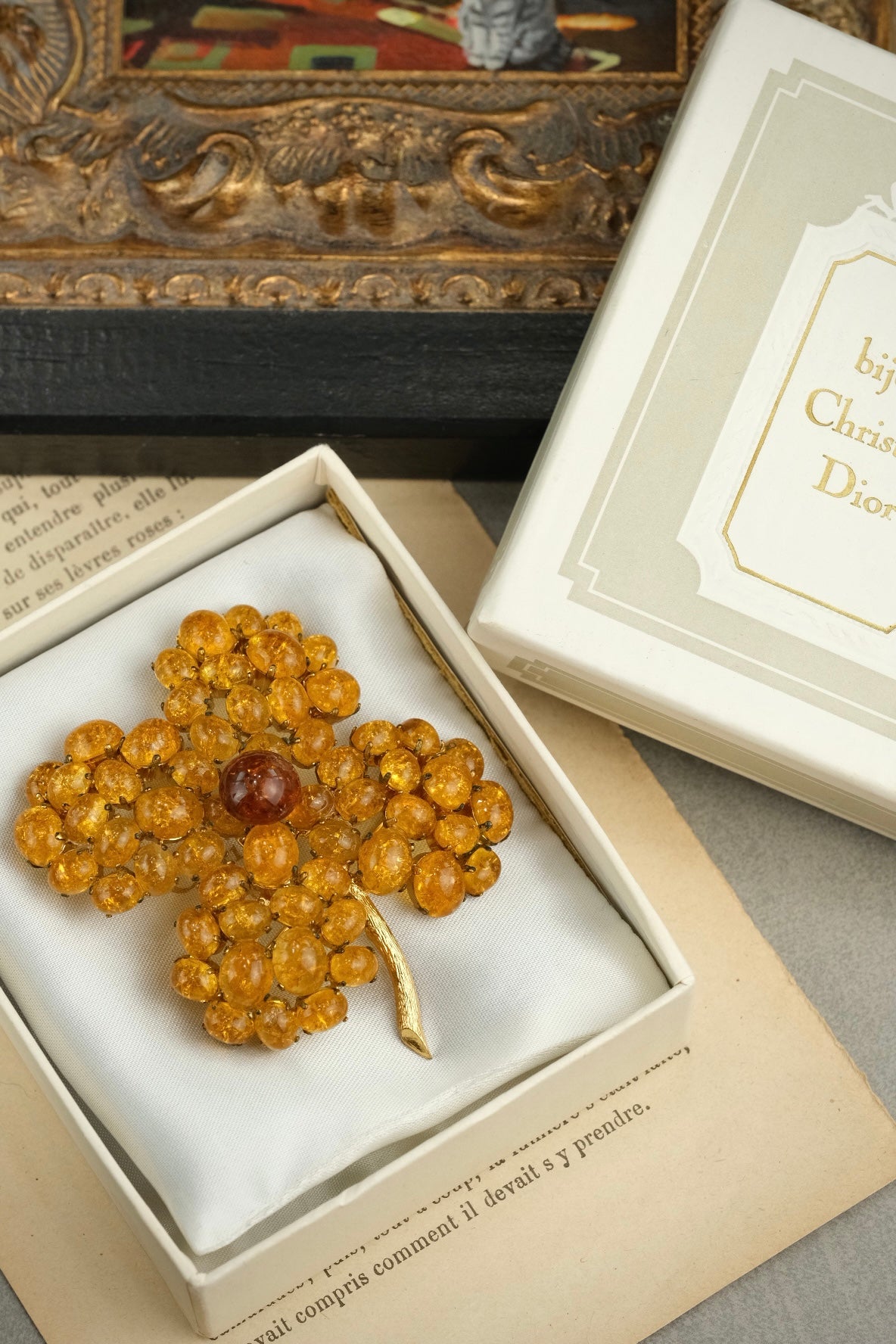 Vintage 1966 Christian Dior Crackled Glass Clover Brooch