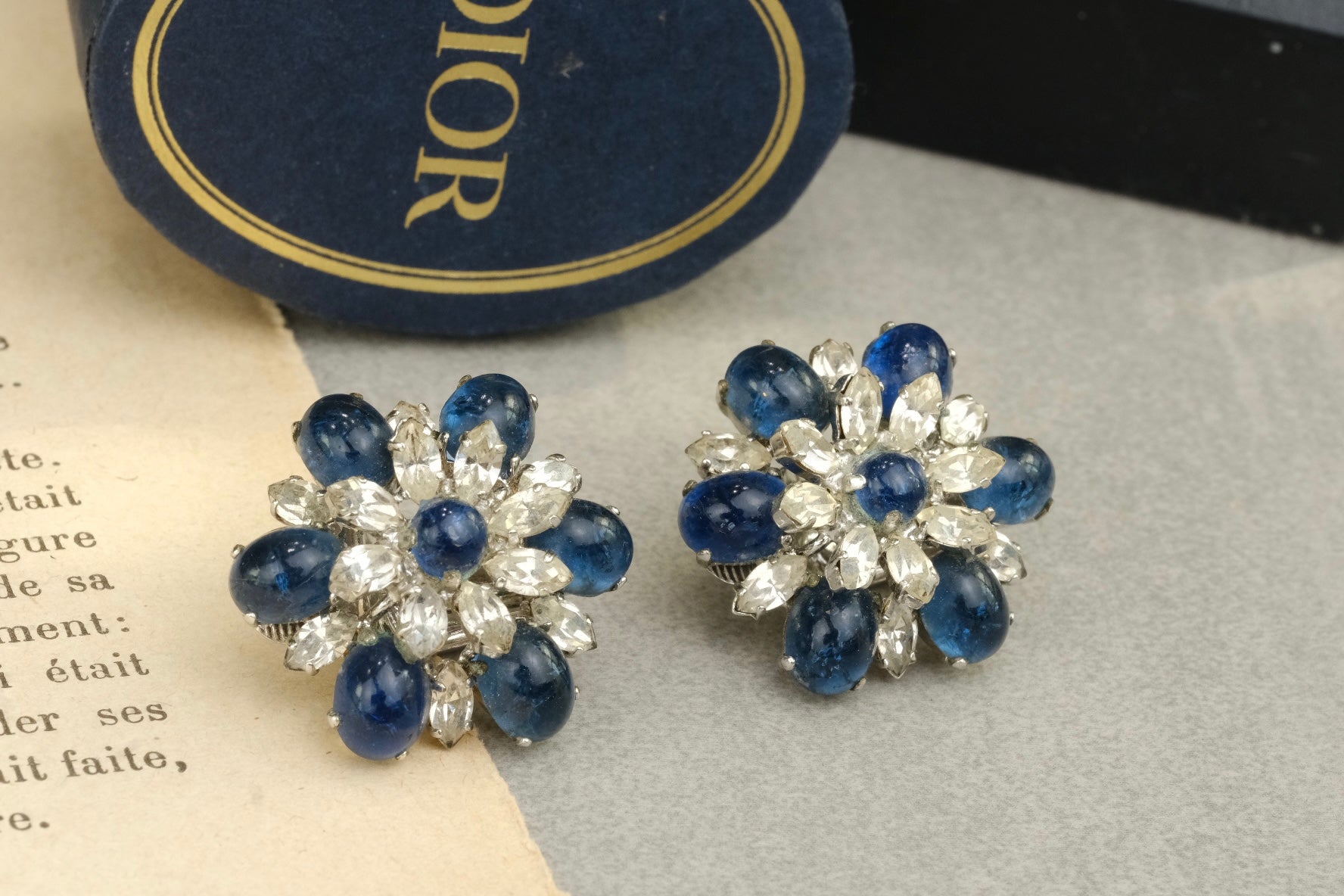 Vintage 1966 Christian Dior Germany Sapphire Blue Crackled Glass Clip On Earrings