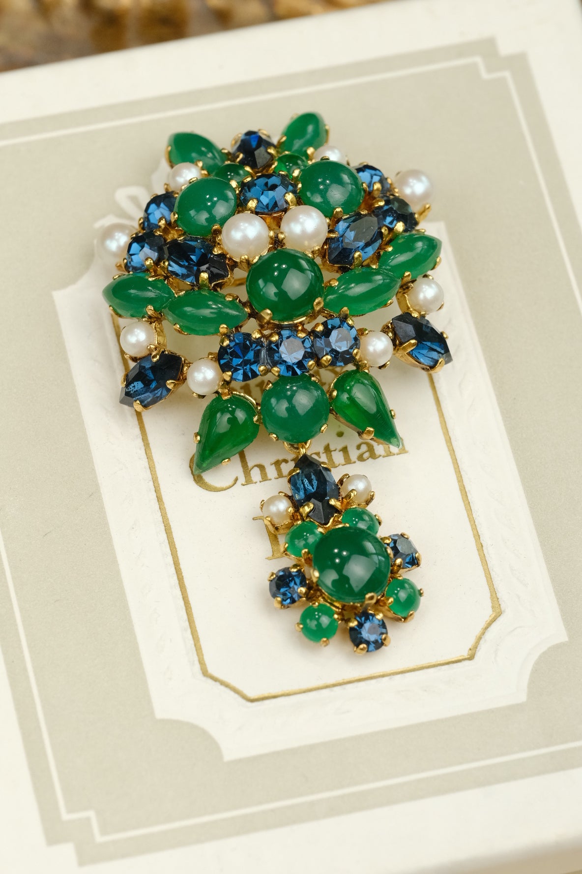 Vintage 1965 Christian Dior Germany Blue Crystal & Green Glass Brooch