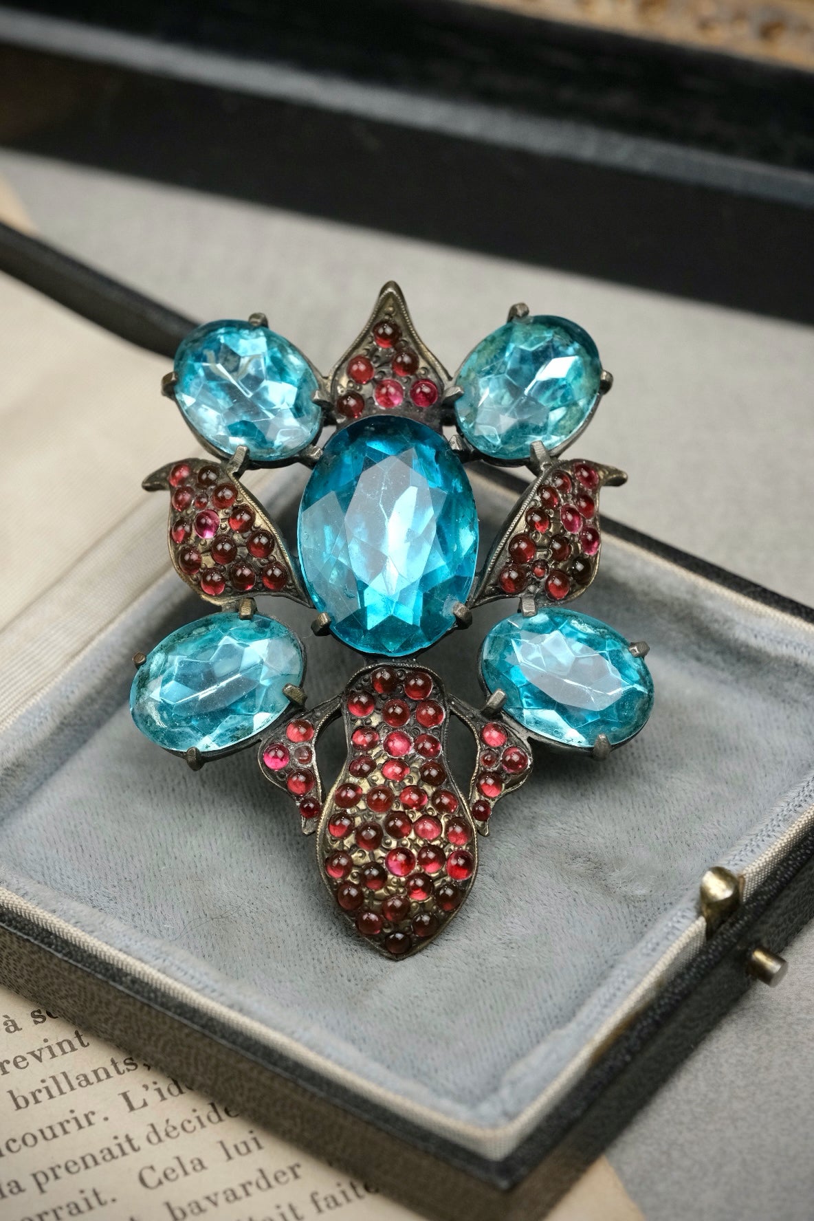 Vintage Eisenberg Original Signed Orchid Fur Clip | Brooch,Blue Glass & Garnet Red Cabochon-Book Piece